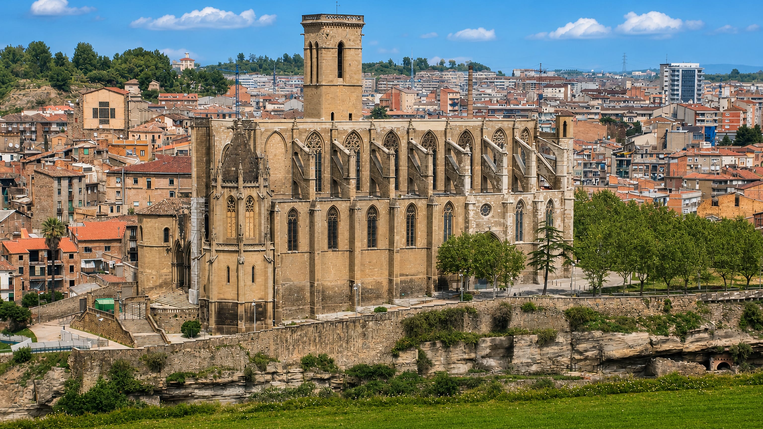 The Gothic Basilica de Santa Maria de la Seu crowns the rock above Manresa's rooftops, Catalonia.