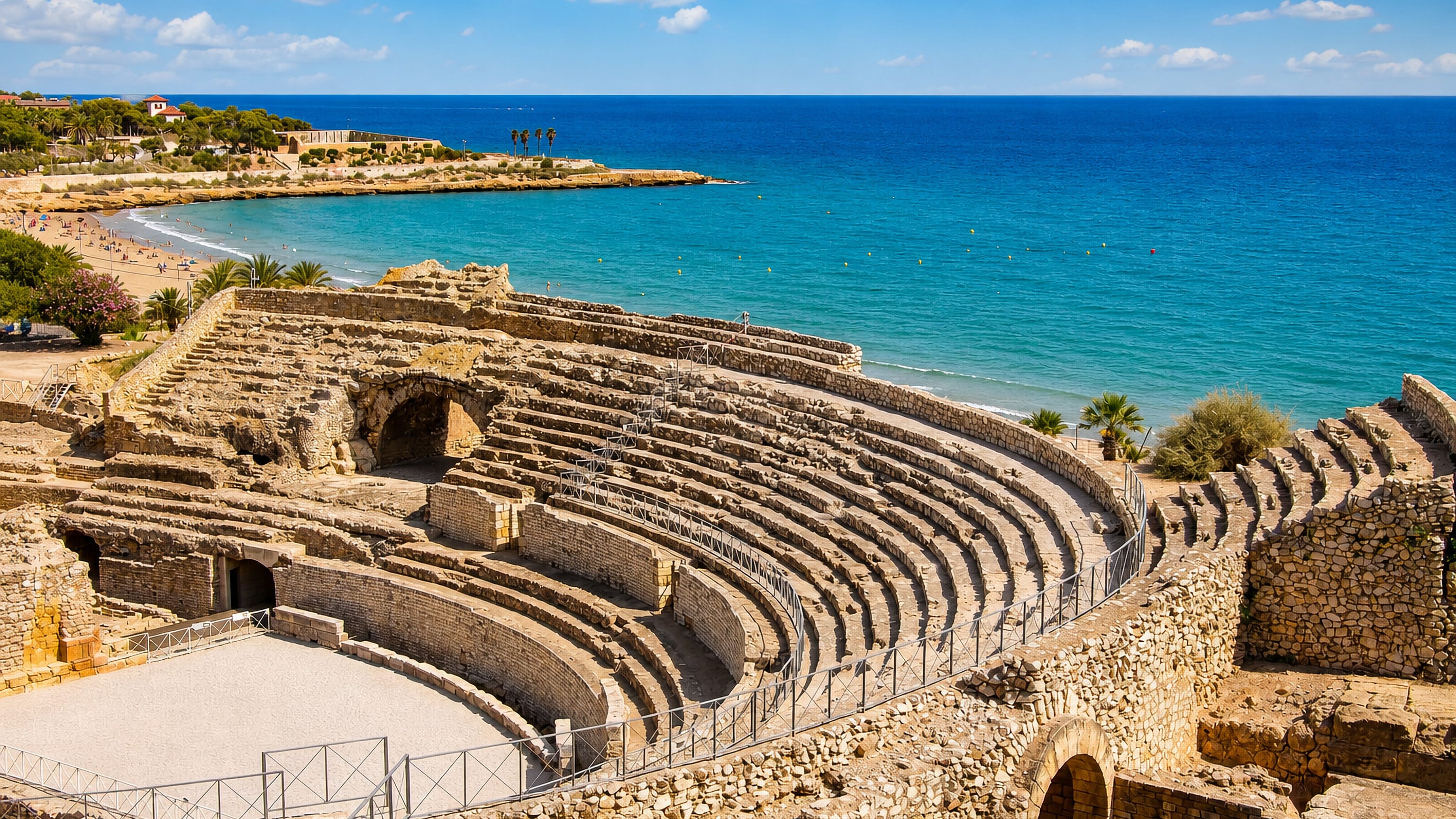 Tarragona's Roman amphitheatre overlooking the Mediterranean, with the city beach curving behind it.