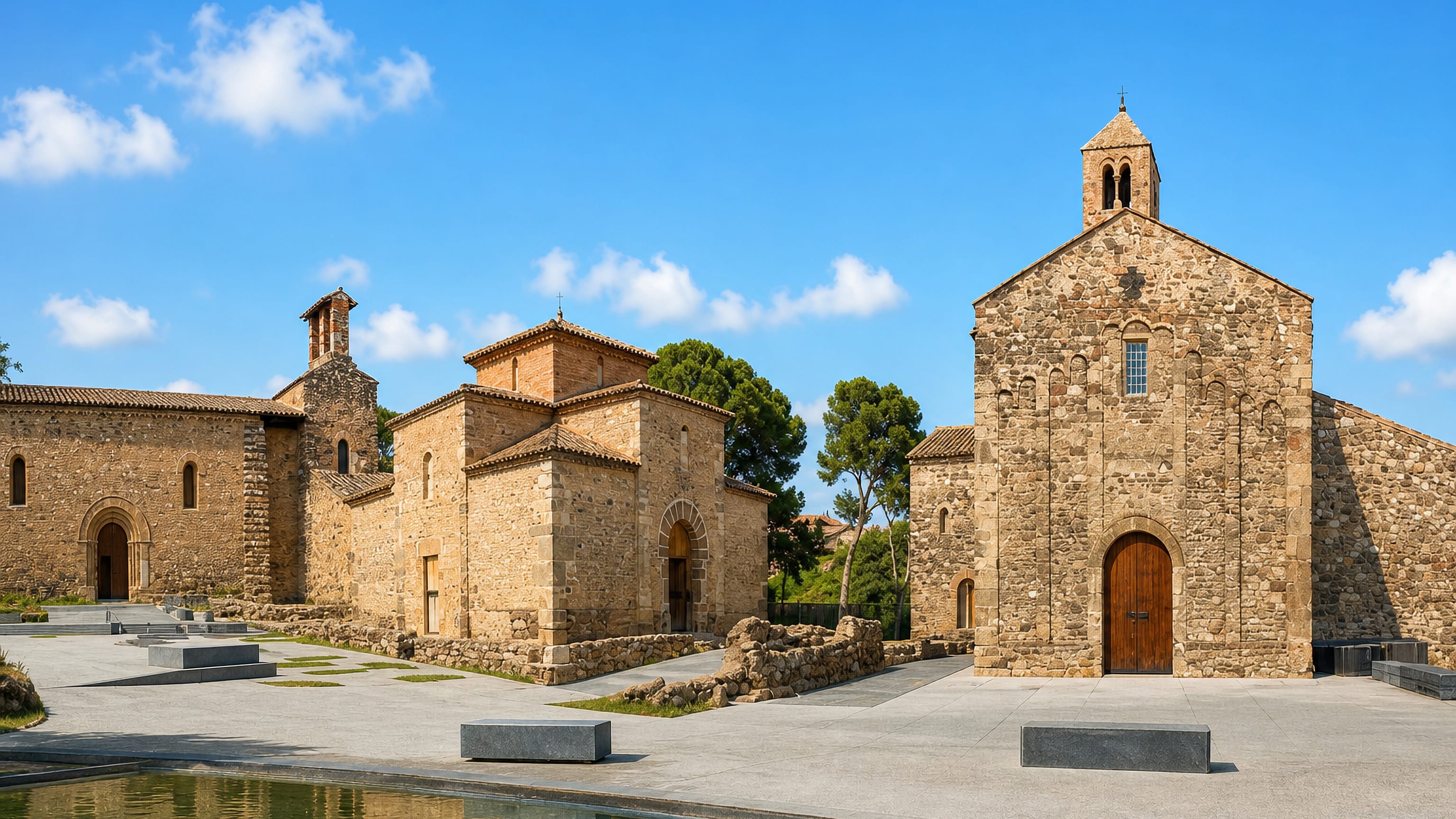 The Romanesque stone churches of Sant Pere in Terrassa around a reflecting pool under a clear blue sky.