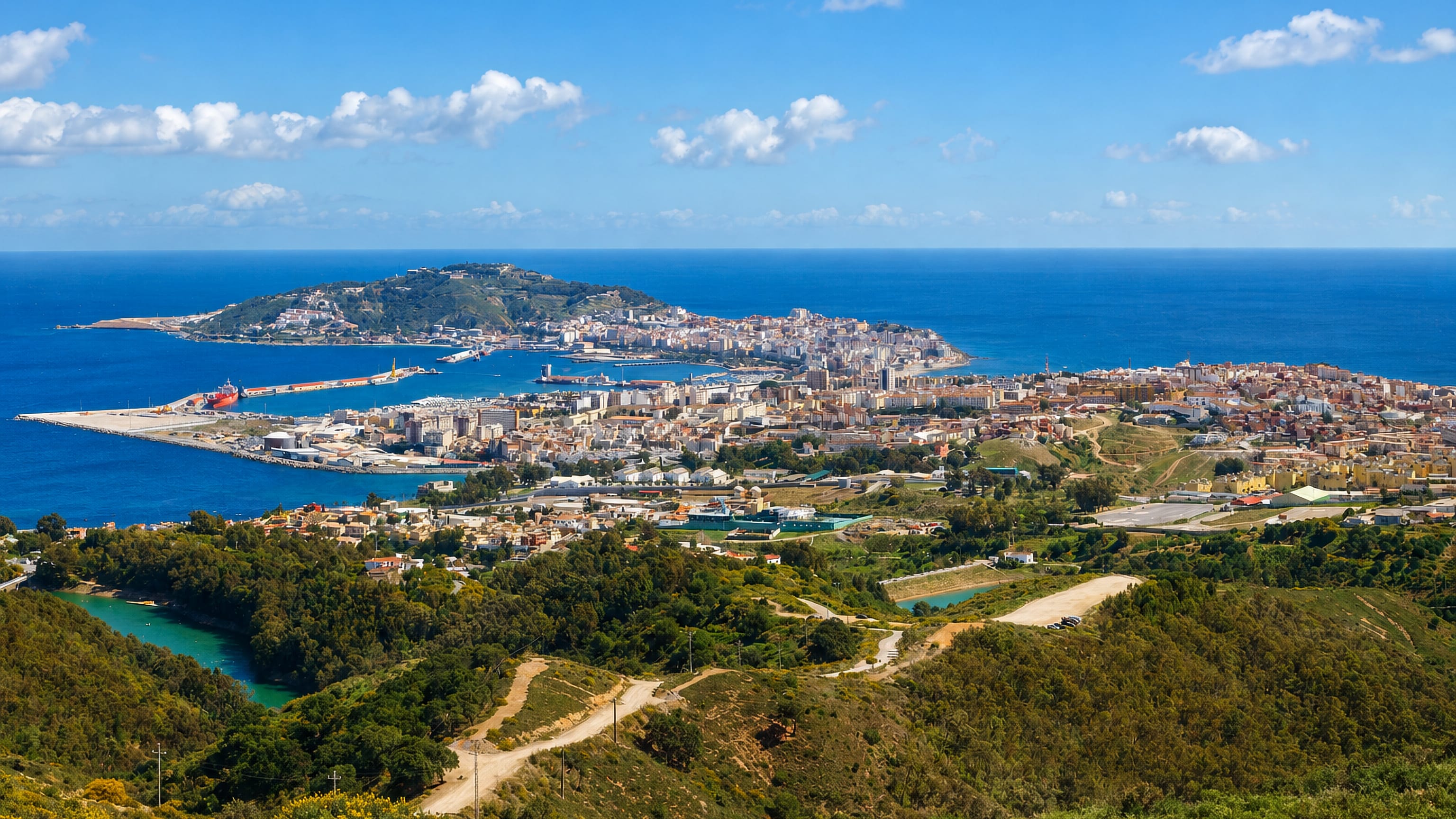 Ceuta seen from the hills above, its white centre on the isthmus below Monte Hacho with the port and Mediterranean