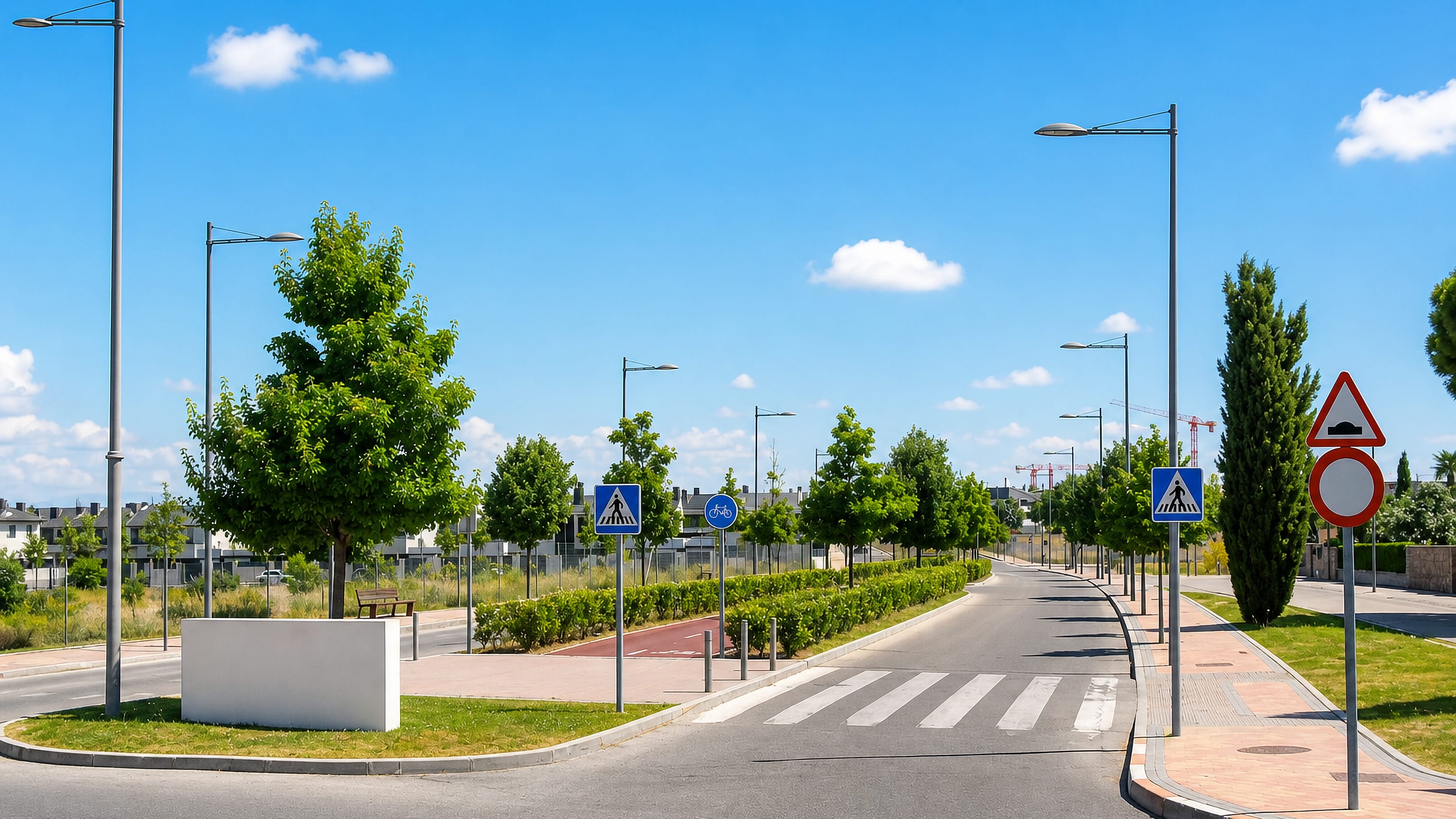 Empty tree-lined street through a new residential district of Boadilla del Monte near Madrid.