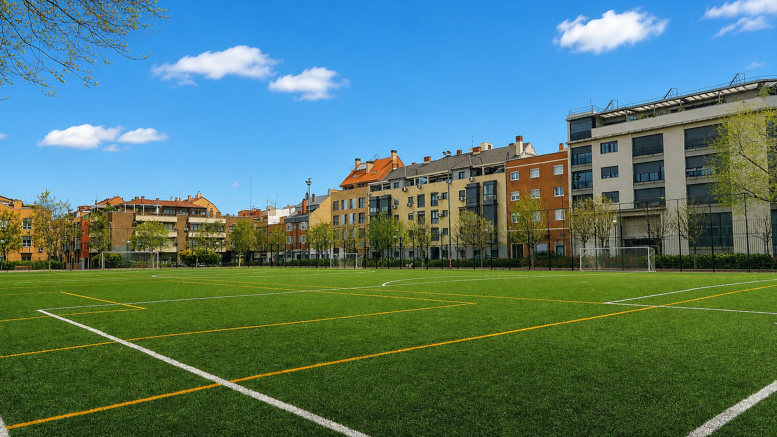 Artificial-turf football pitch backed by brick and stucco apartment blocks in Madrid's Adelfas neighbourhood