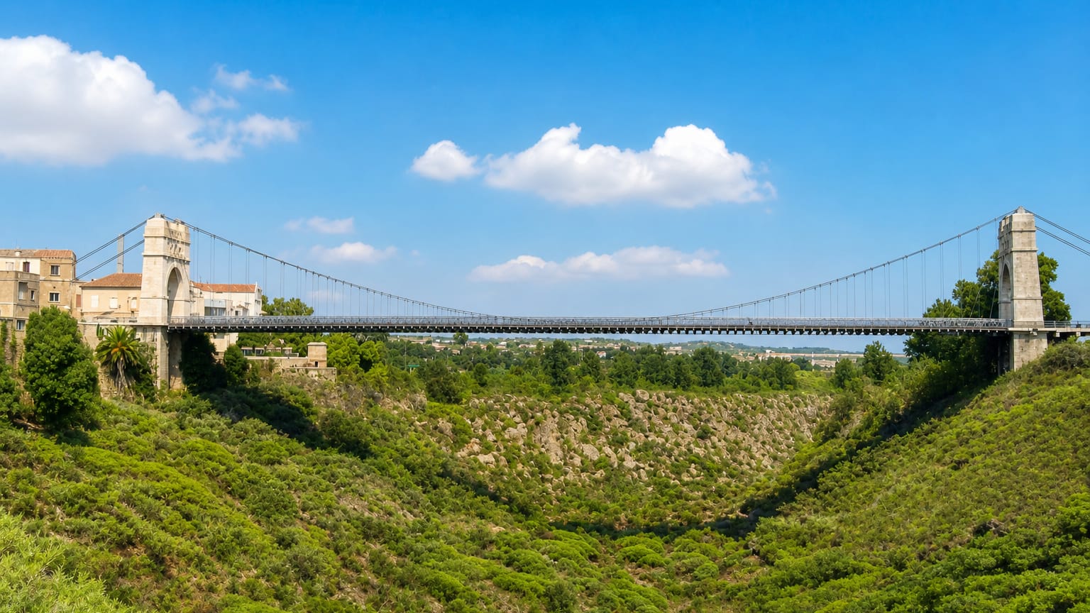 Historic suspension bridge spanning a green valley under a bright blue sky at Amposta on the Ebro