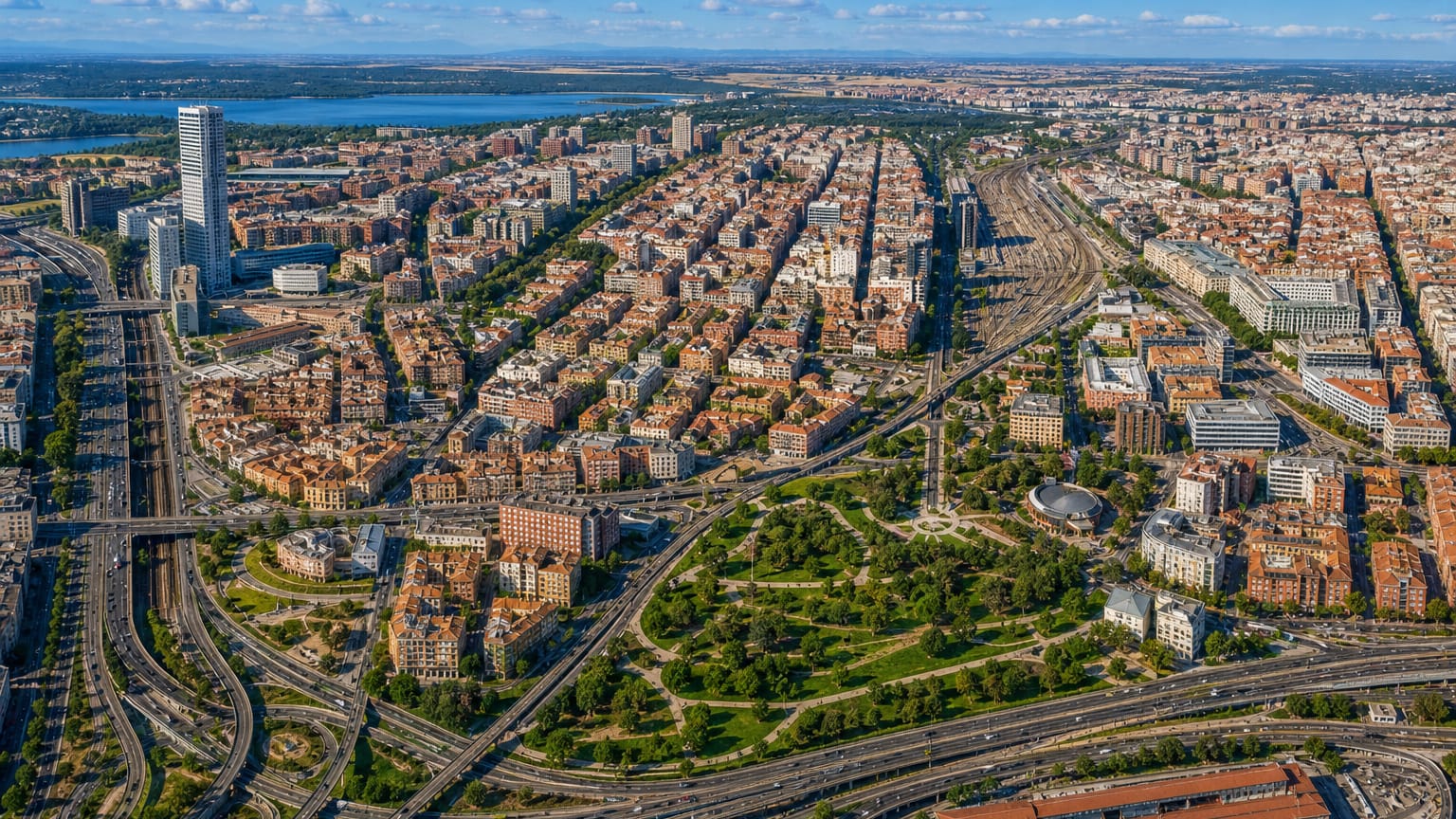 Aerial daytime panorama of Madrid's Arguelles district with a dense street grid, rail lines and a distant lake.