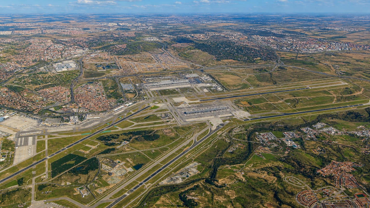 Aerial view over Madrid-Barajas airport runways and the surrounding Barajas district cityscape