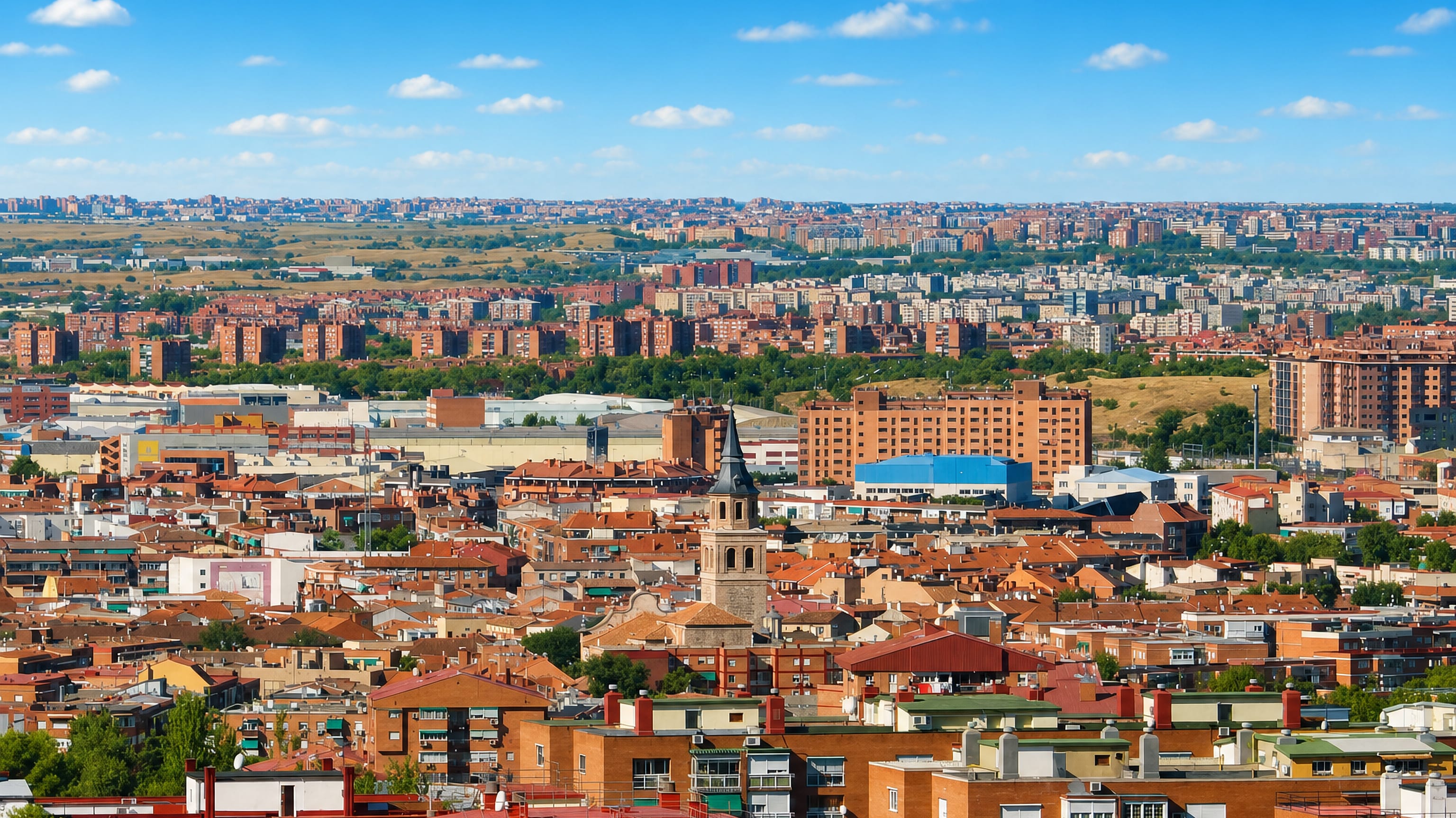 Panorama of the Casco Histórico de Vallecas, Madrid, its church tower above tiled roofs and apartment blocks.