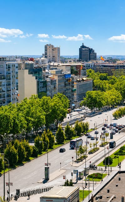 The wide tree-lined Paseo de la Castellana boulevard in Madrid, with a Spanish flag and mid-rise buildings under a bright sky.