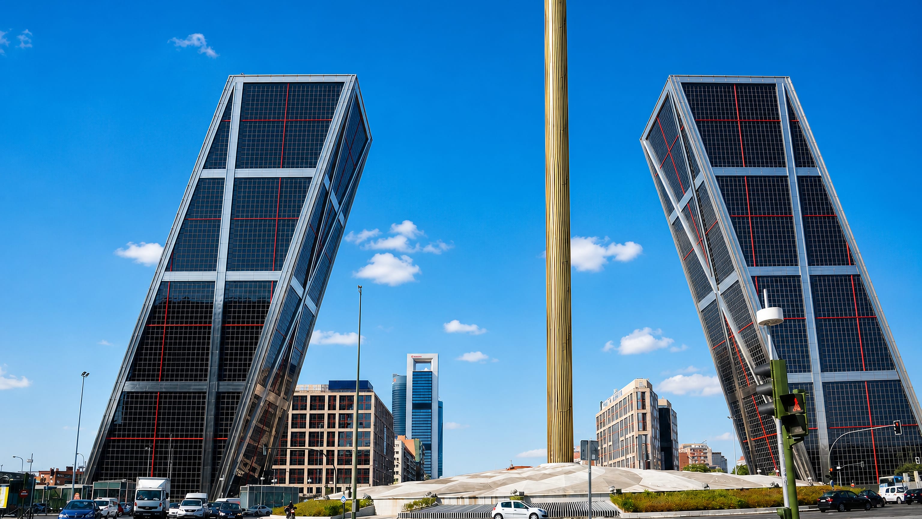 The leaning Puerta de Europa towers and Calatrava obelisk at Plaza de Castilla, Madrid.