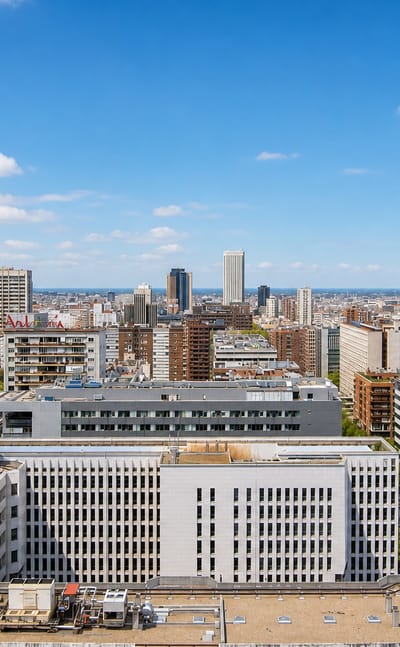 Aerial daytime view of Madrid's Castillejos district, dense apartment blocks with the Cuatro Torres faint on the horizon.