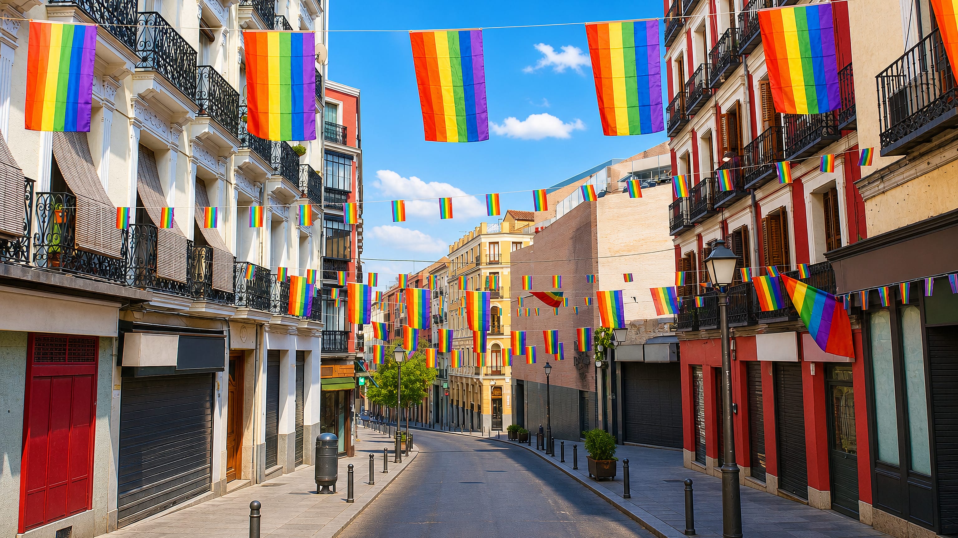Rainbow flags strung above a balconied street of shuttered shops in Chueca, Madrid's LGBTQ+ quarter.