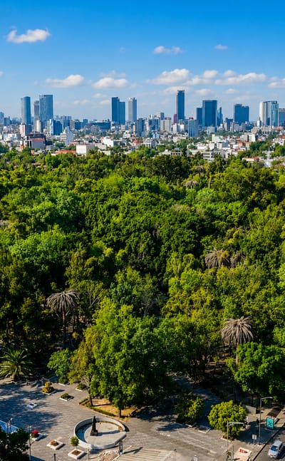 Leafy green expanse fronting a distant Madrid skyline with the Cuatro Torres towers under a blue sky