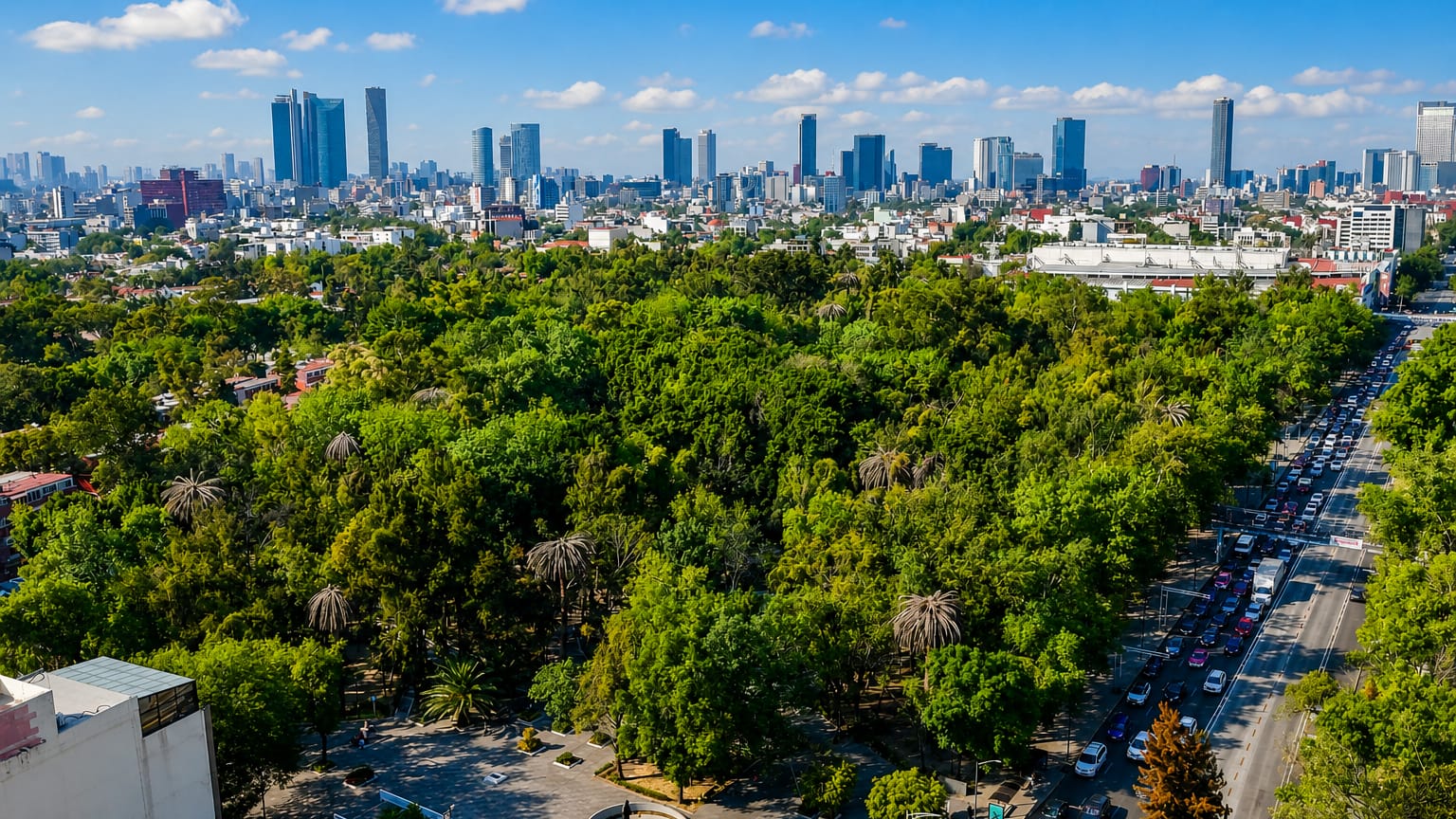 Leafy green expanse fronting a distant Madrid skyline with the Cuatro Torres towers under a blue sky
