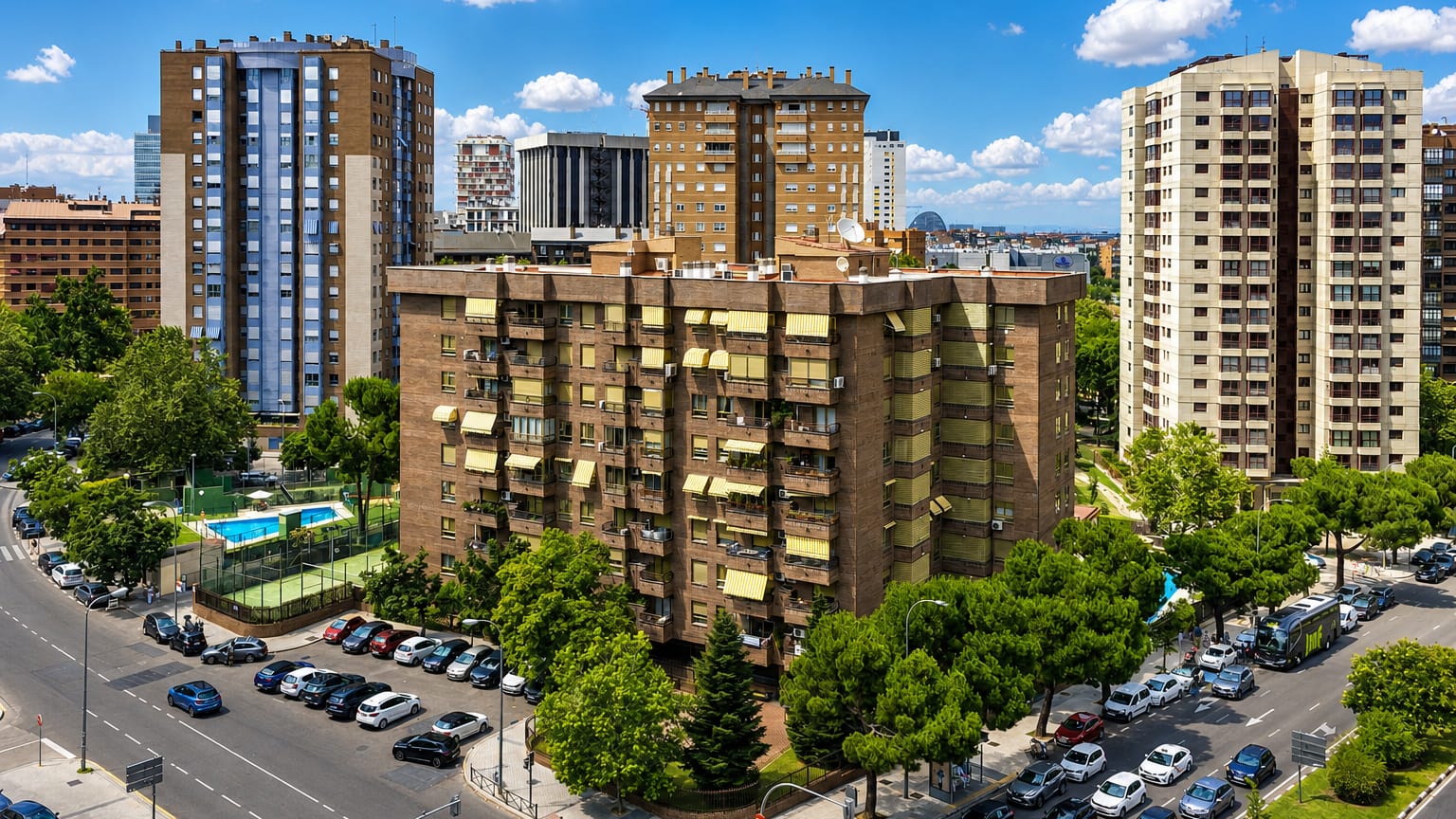 Daytime view of Madrid's Costillares district with residential tower blocks, tree-lined streets and a swimming pool.