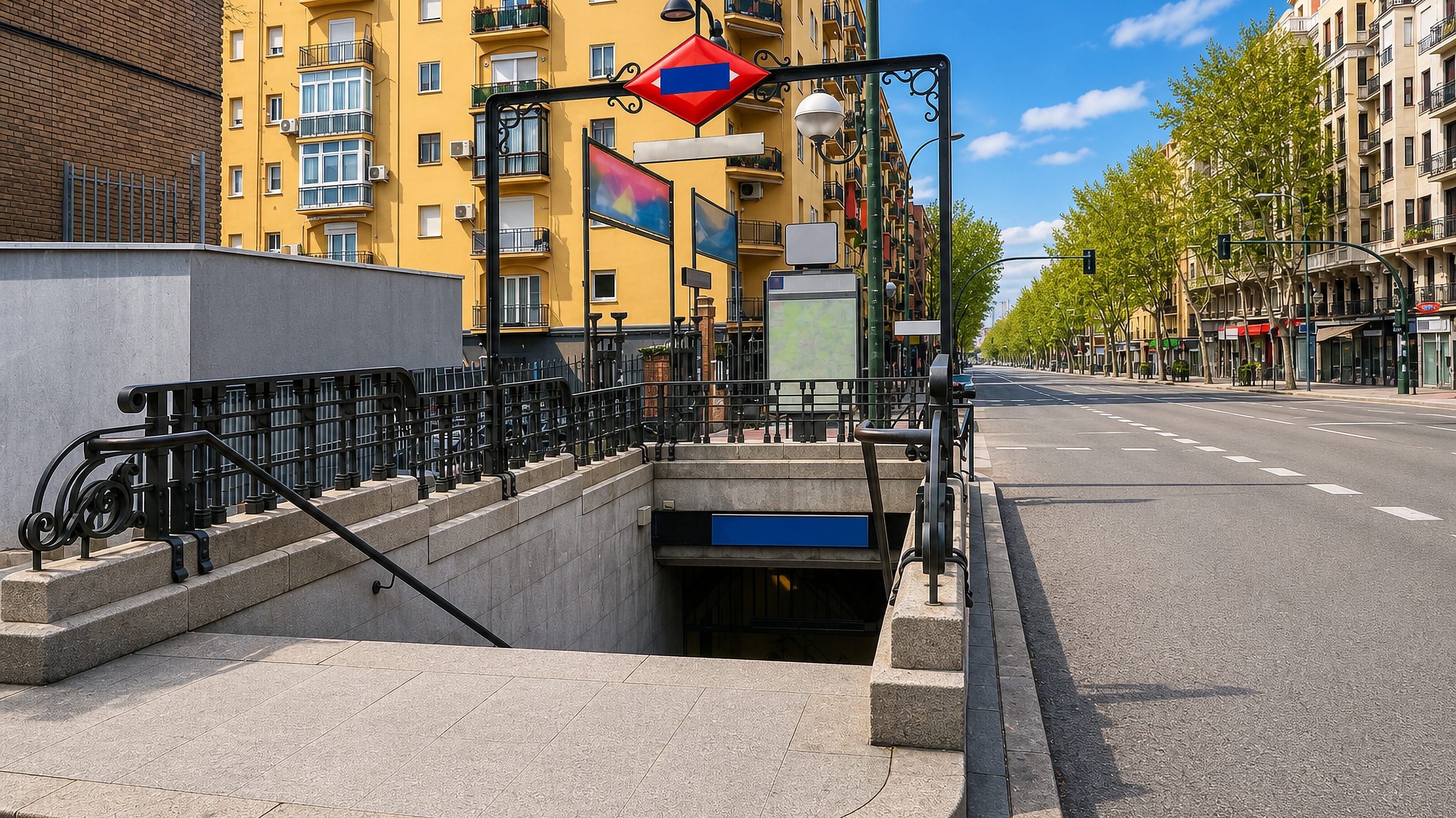 A Madrid Metro entrance on a tree-lined avenue of yellow apartment blocks in Delicias, Madrid.