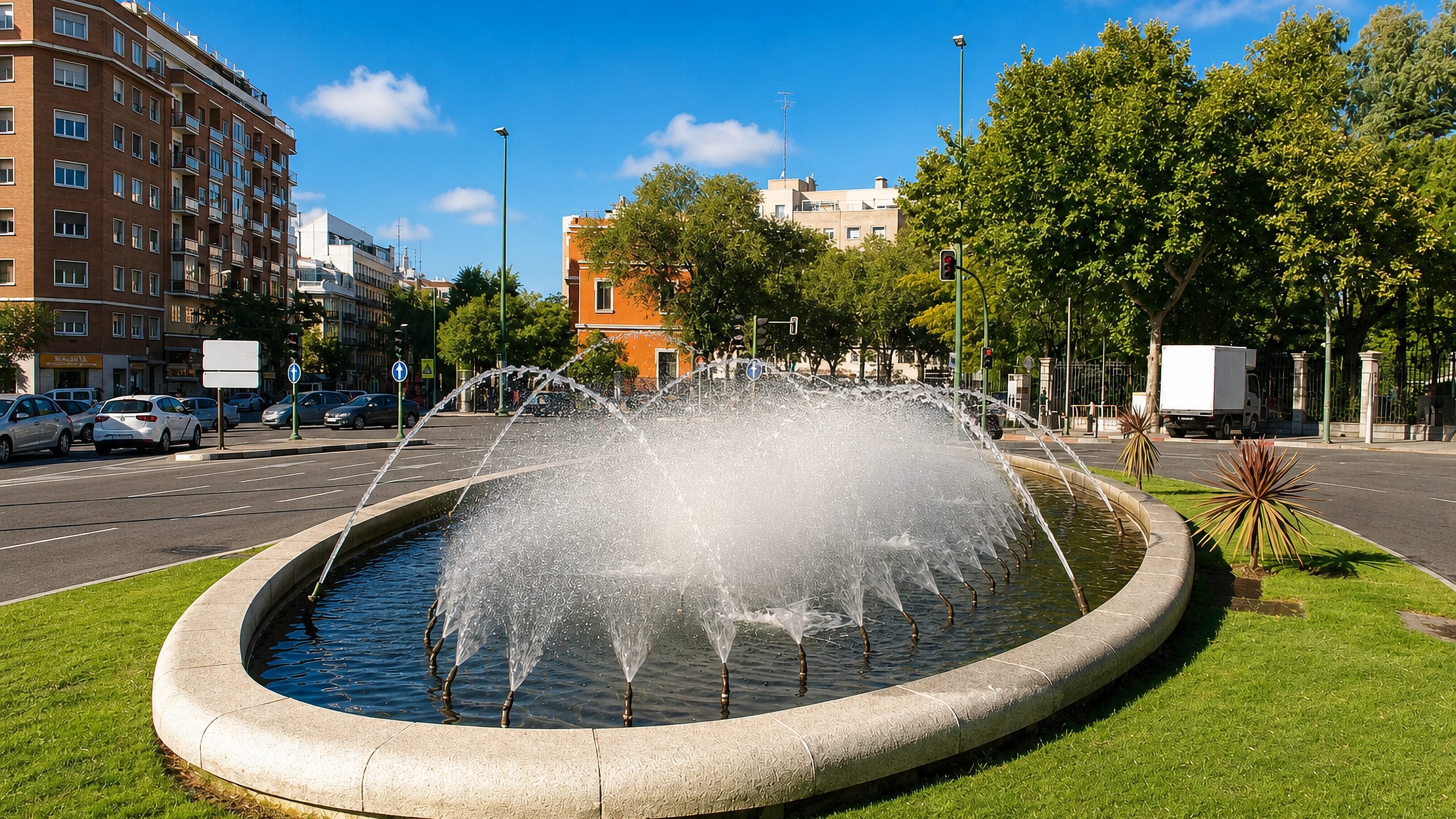 Fountain on a leafy traffic circle framed by brick apartment blocks in Embajadores, Madrid