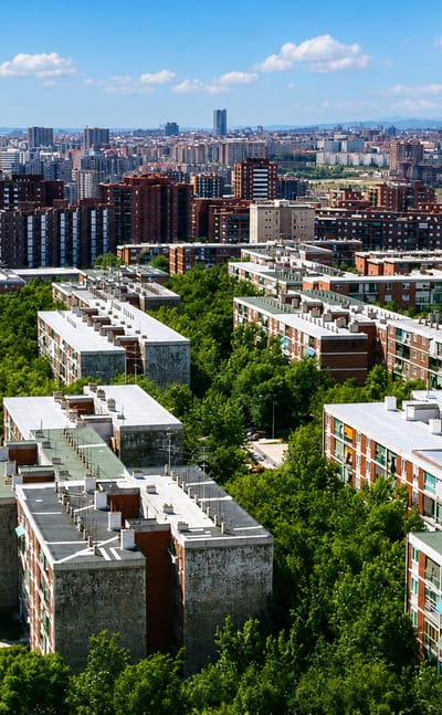 Aerial view of Fontarrón's residential apartment blocks and trees with Madrid's skyline towers on the horizon