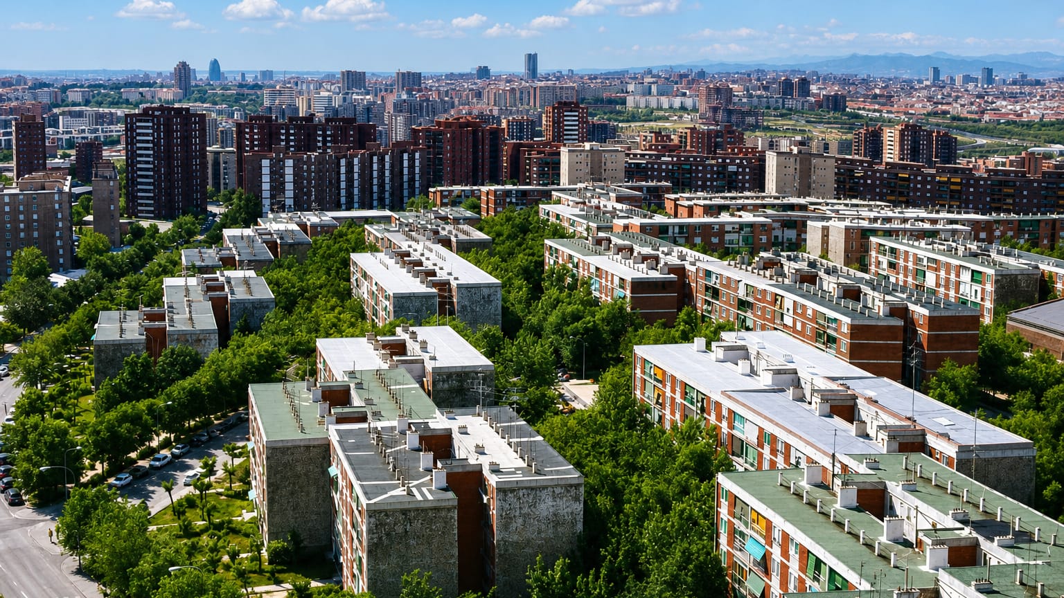 Aerial view of Fontarrón's residential apartment blocks and trees with Madrid's skyline towers on the horizon