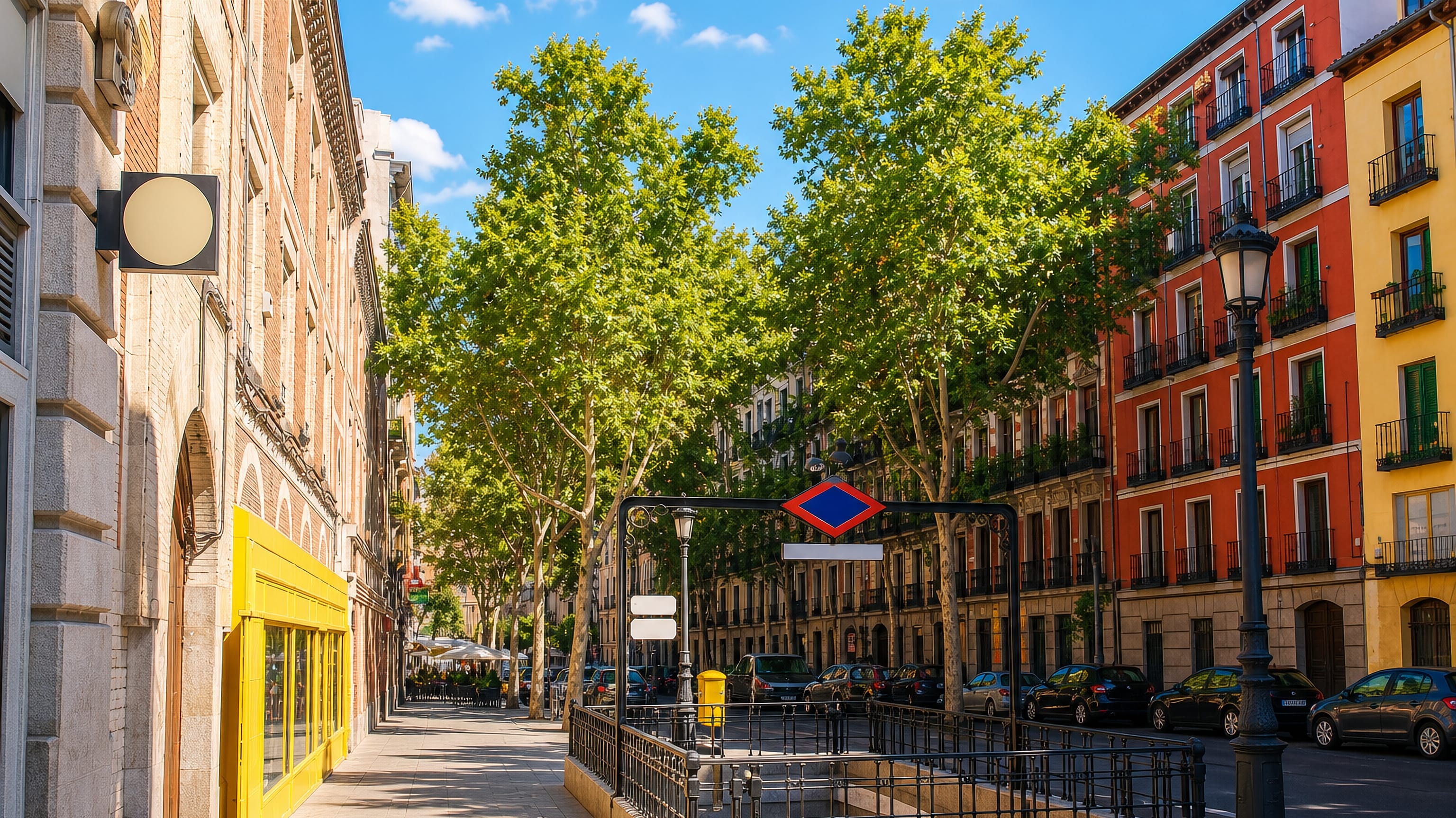Tree-shaded street with a Metro entrance and red and ochre balconied facades in La Latina, Madrid.