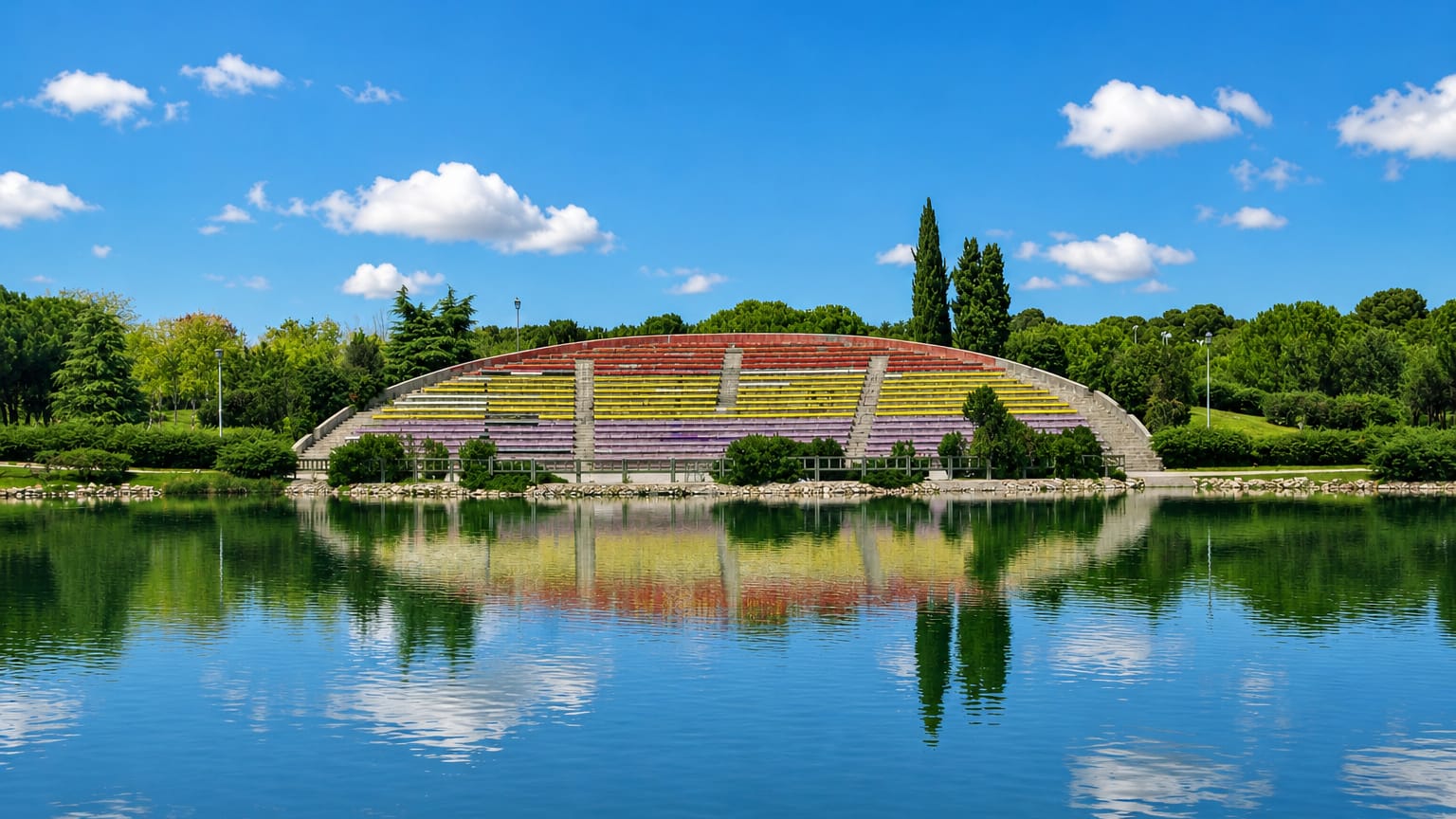 Colourful tiered park amphitheatre mirrored in a lake amid green trees in Las Aguilas, Madrid