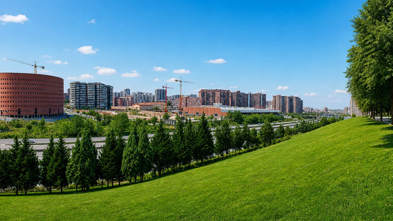 Green parkland slope framing modern mid-rise buildings and a cylindrical red-brick block in Media Legua, Madrid