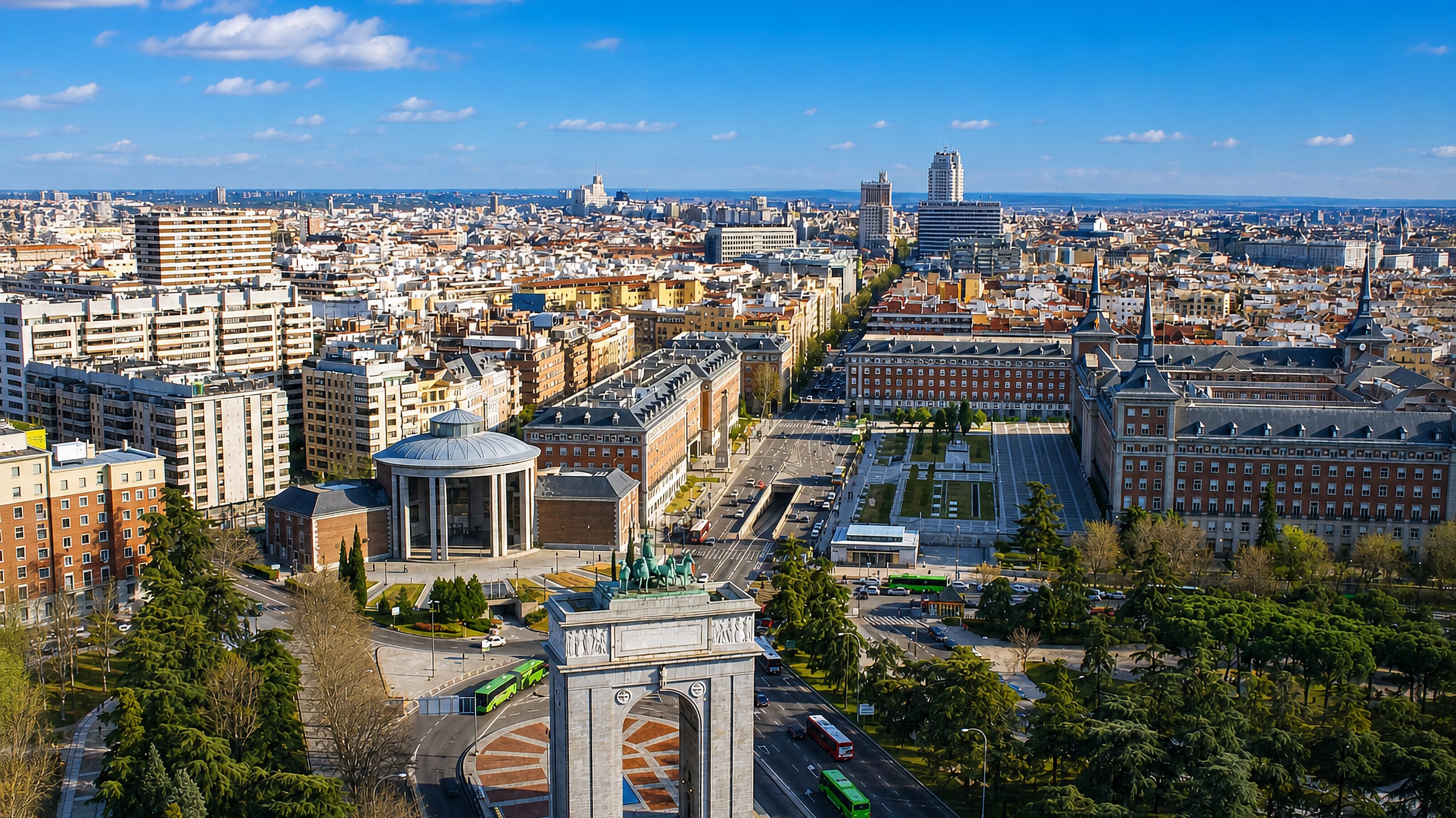 Aerial of Moncloa-Aravaca, Madrid, with the Arco de la Victoria, the Air Force headquarters and the city beyond