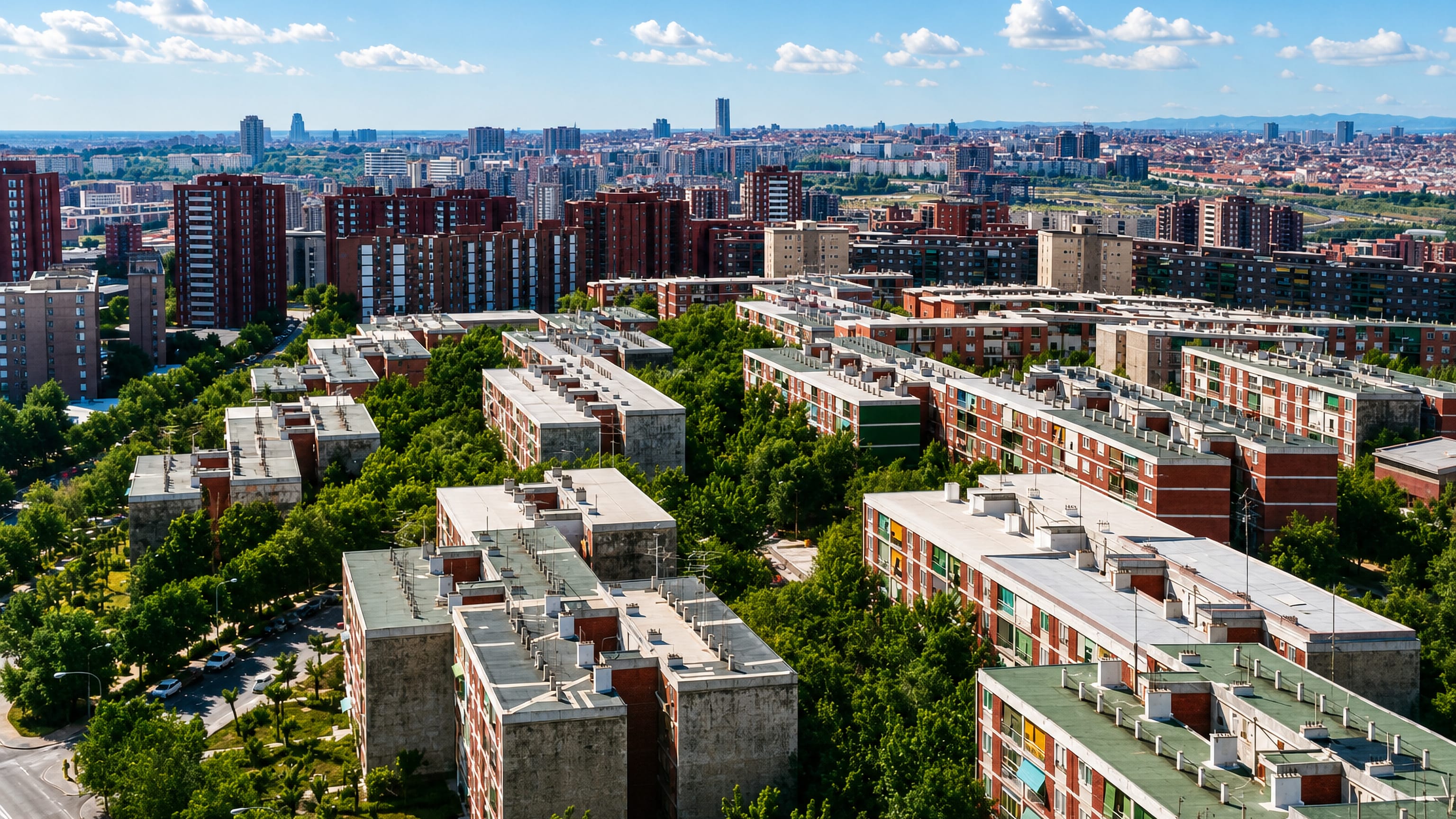 Brick apartment blocks and tree-lined courtyards spread toward Madrid's distant skyline in Moratalaz.