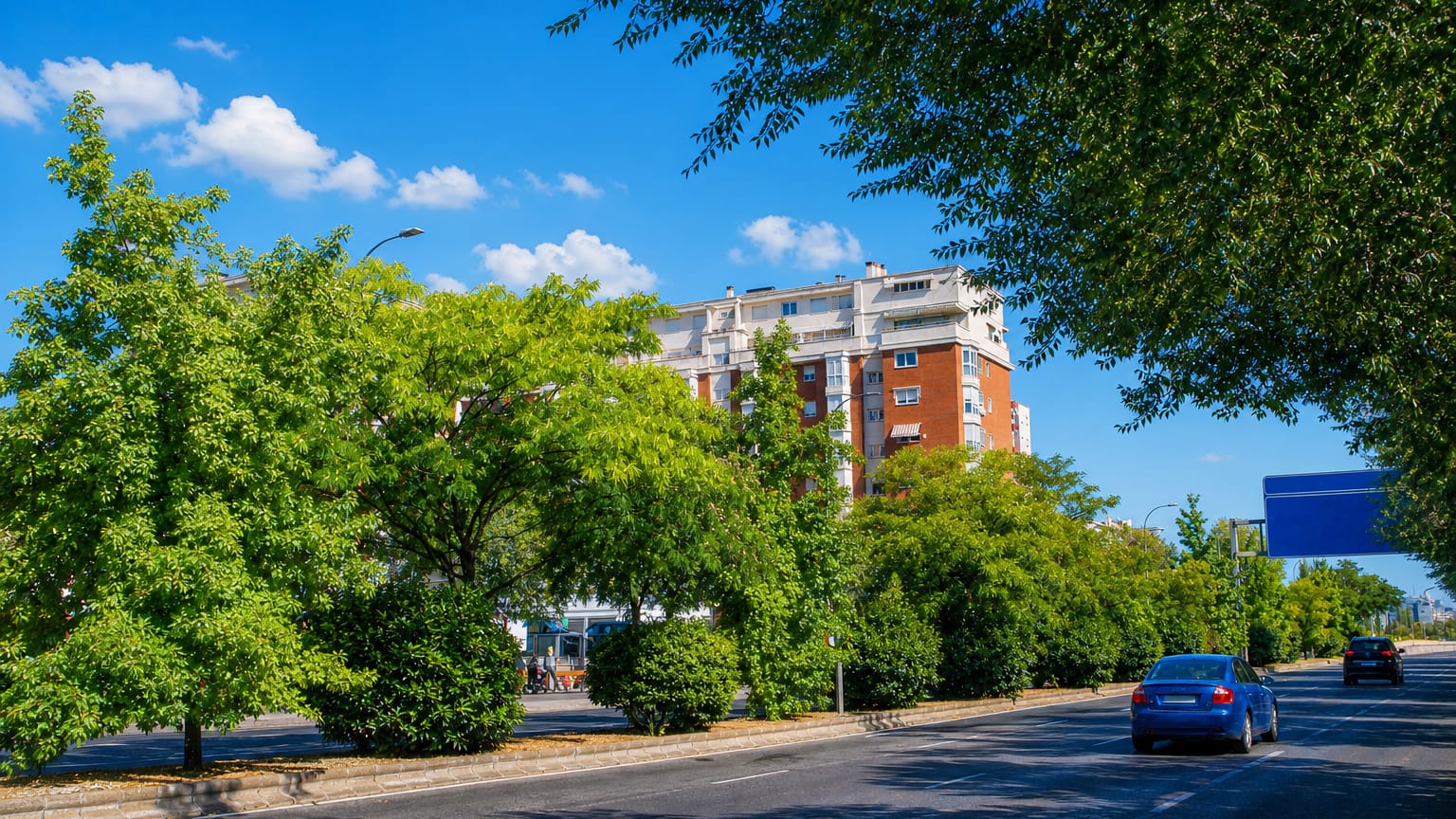 Tree-lined Madrid avenue in Orcasur with a brick apartment block and cars under a bright blue sky