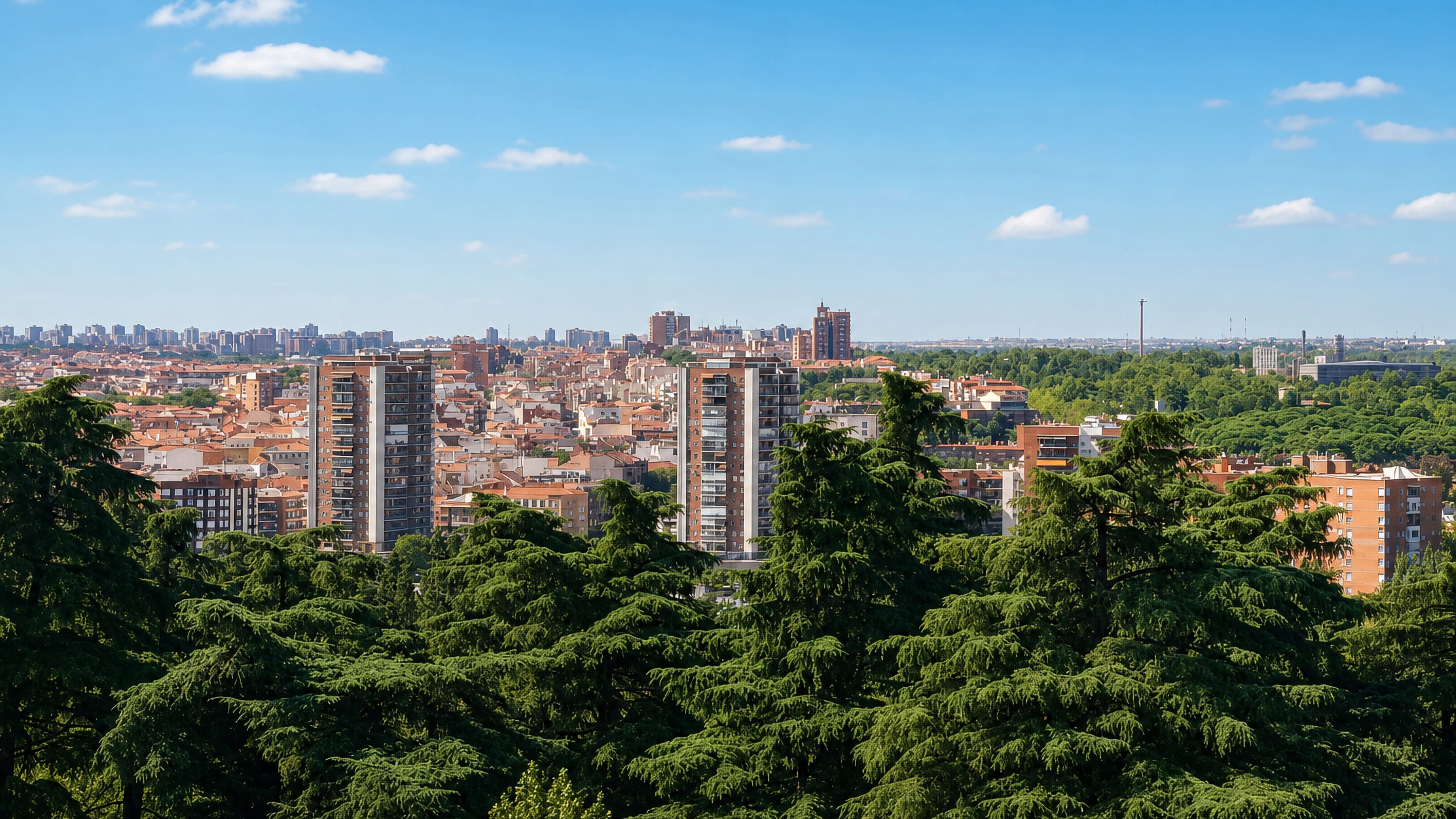 Madrid rooftops and residential towers of Puerta del Ángel seen over the pines of the Casa de Campo.