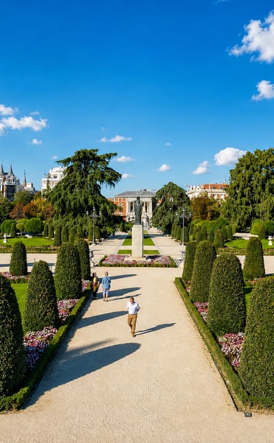 Formal gardens, clipped hedges and tree-lined paths of El Retiro Park in the Retiro district of Madrid.