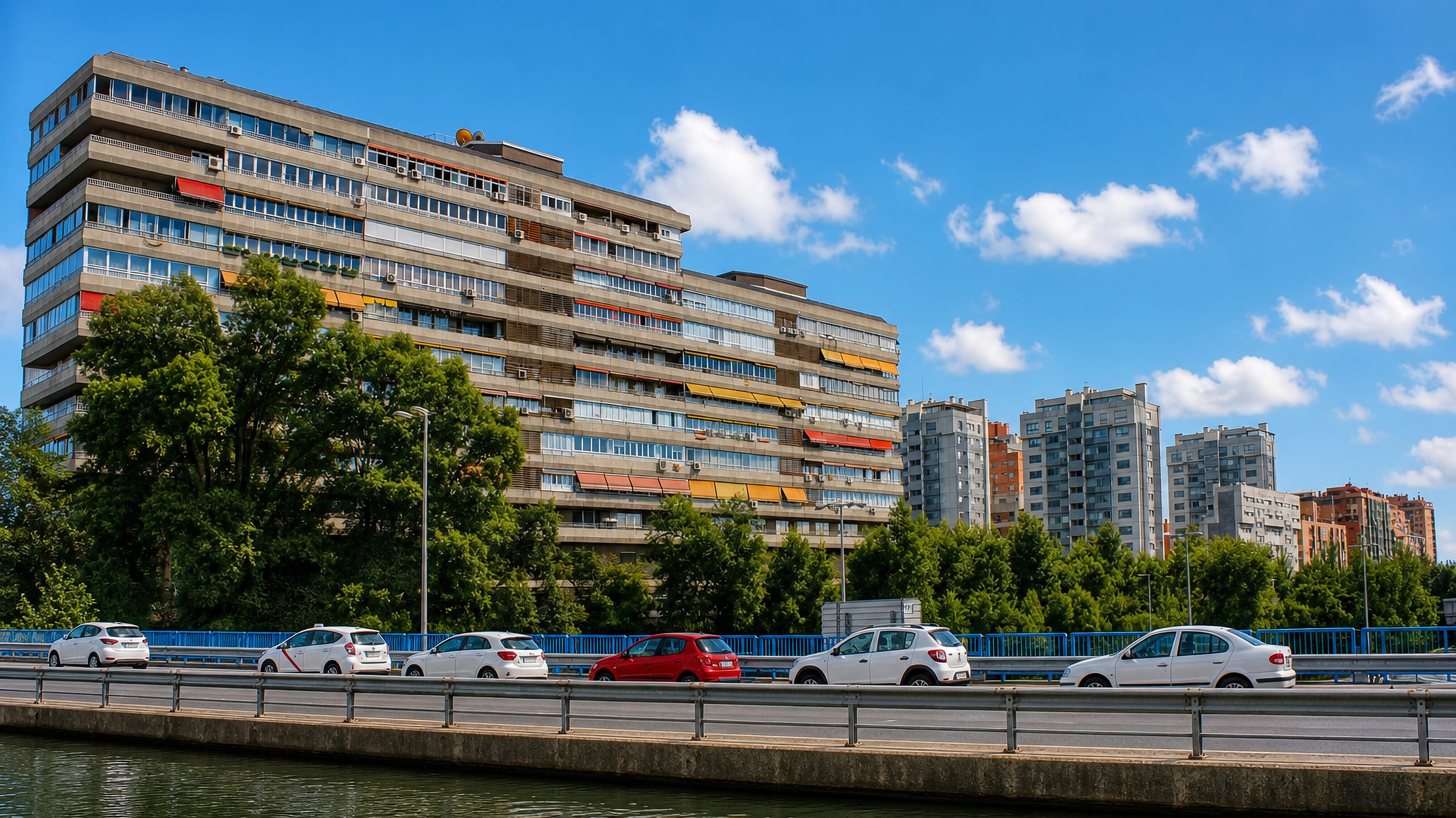 Concrete slab apartment blocks with coloured awnings above a roadside waterway in San Juan Bautista, Madrid.