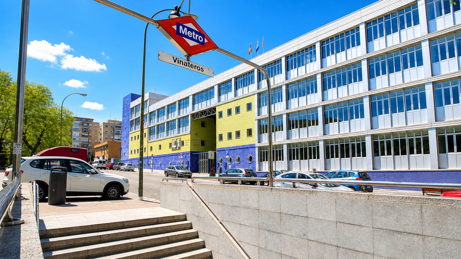 Madrid Metro entrance signed Vinateros beside a blue-and-yellow building and street in Vinateros, Madrid