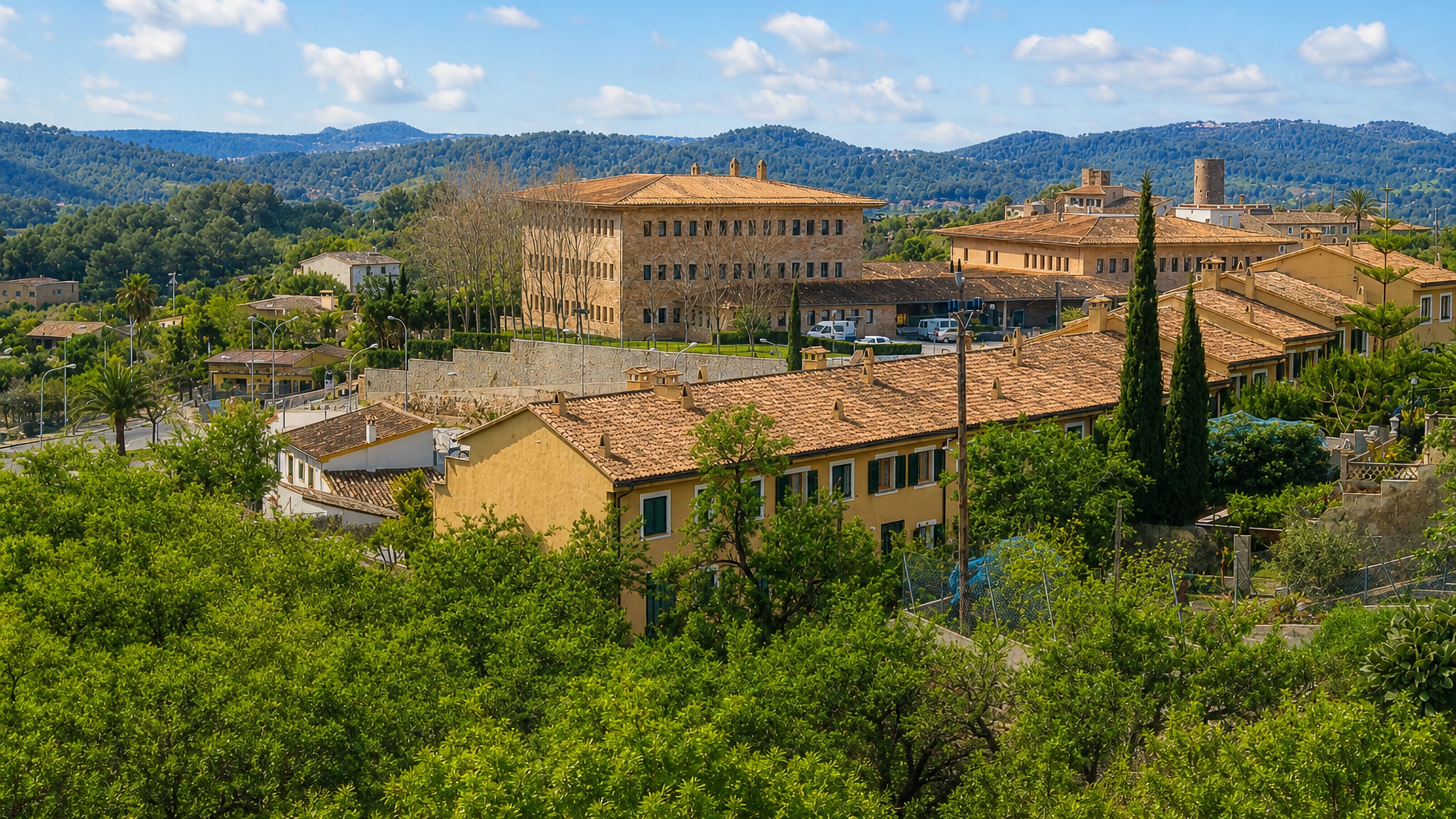 Hillside houses and the large sandstone civic building of Calvia, Mallorca, below pine-covered foothills.