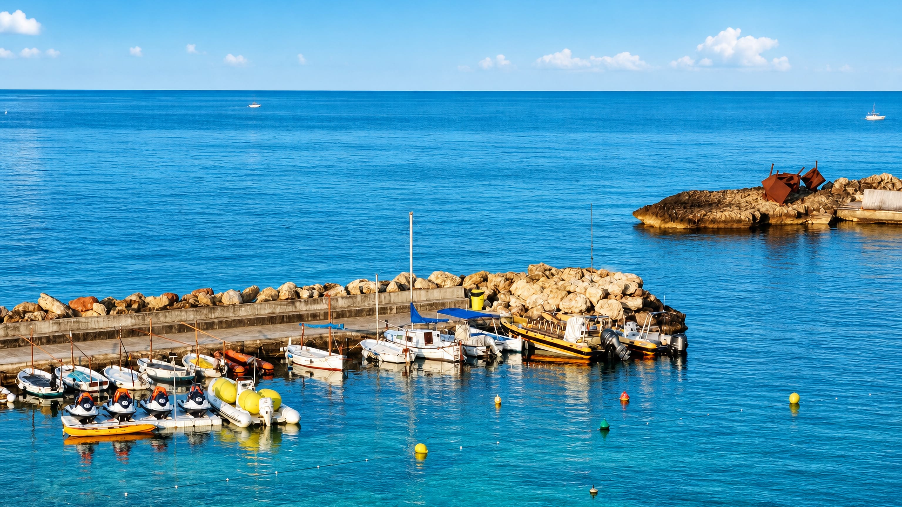 Small boats and jet skis moored at a stone jetty in the turquoise cove of Cala Estancia, Palma.