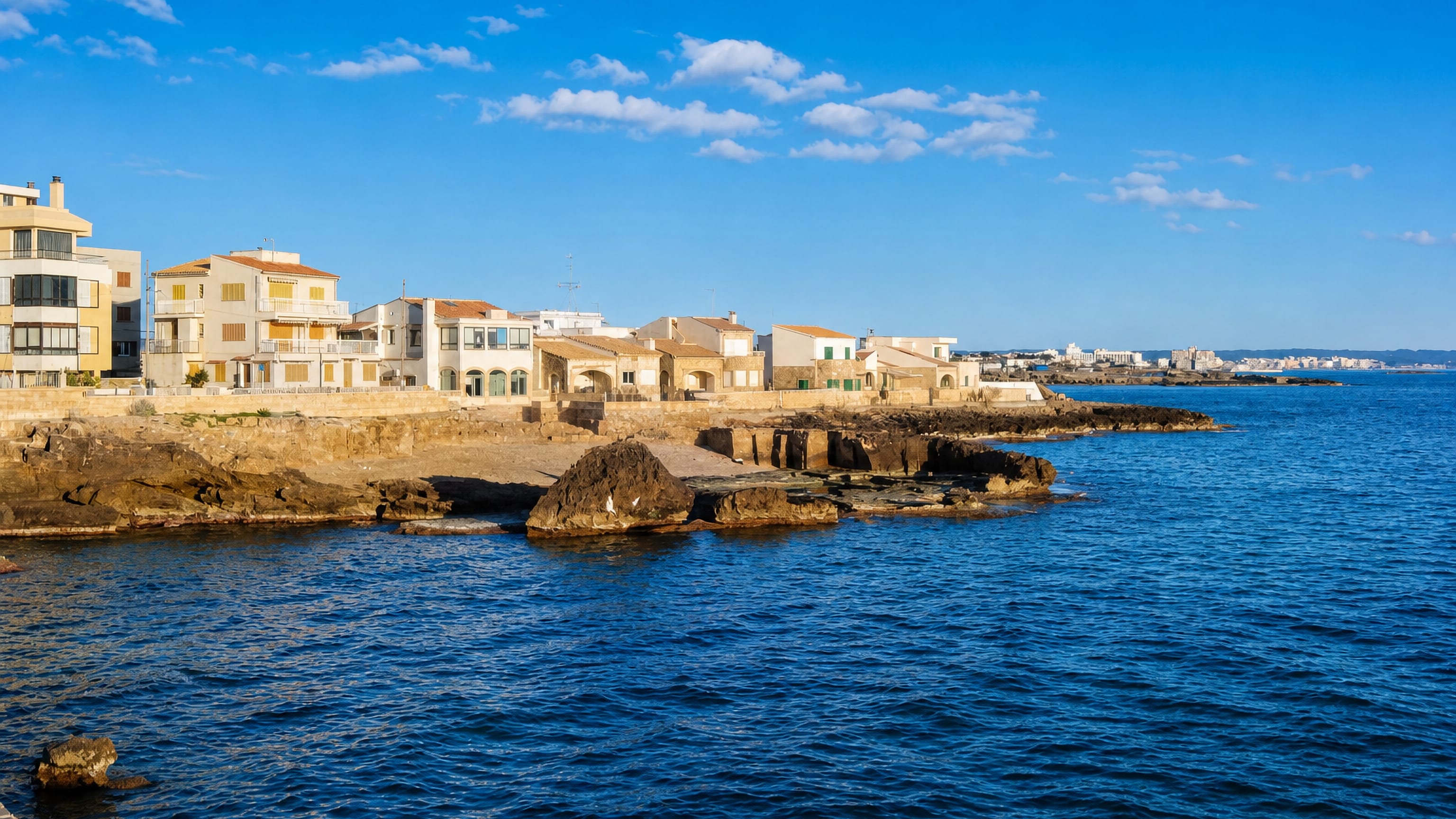 Seafront houses of Coll d'en Rabassa on Palma's rocky shore, with the bay and a distant hotel strip.
