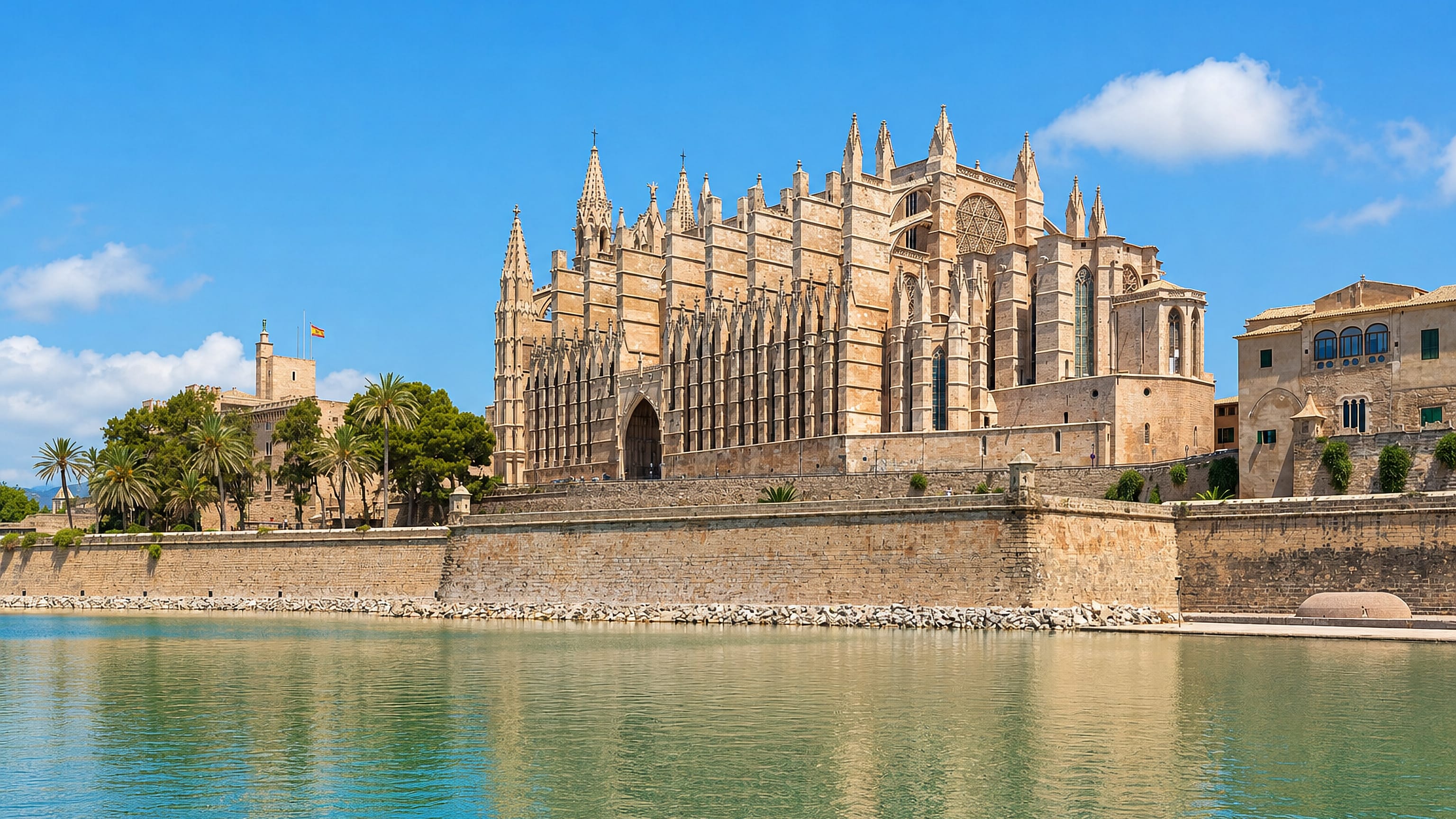 Palma's Gothic La Seu cathedral and the Almudaina Palace rising above the Parc de la Mar waterfront