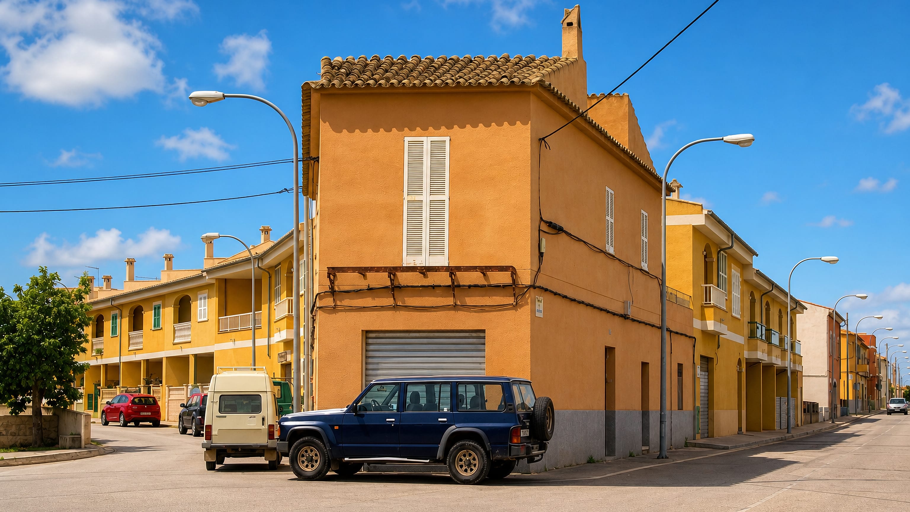 Ochre-rendered houses on a quiet street corner in Son Ferriol, a village district of Palma.