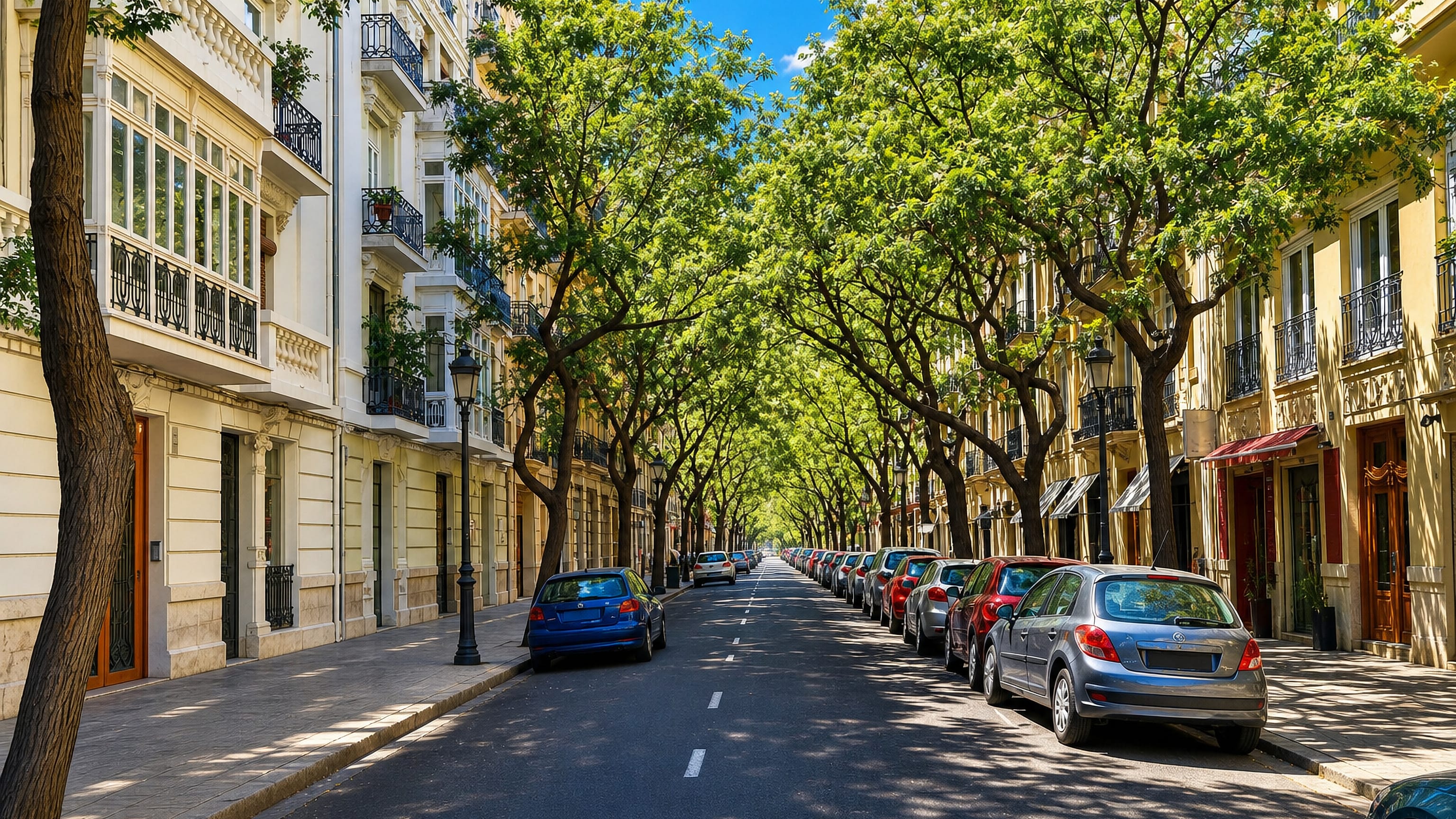 A tree-shaded street of ornate balconied apartment blocks in Valencia's Eixample district.