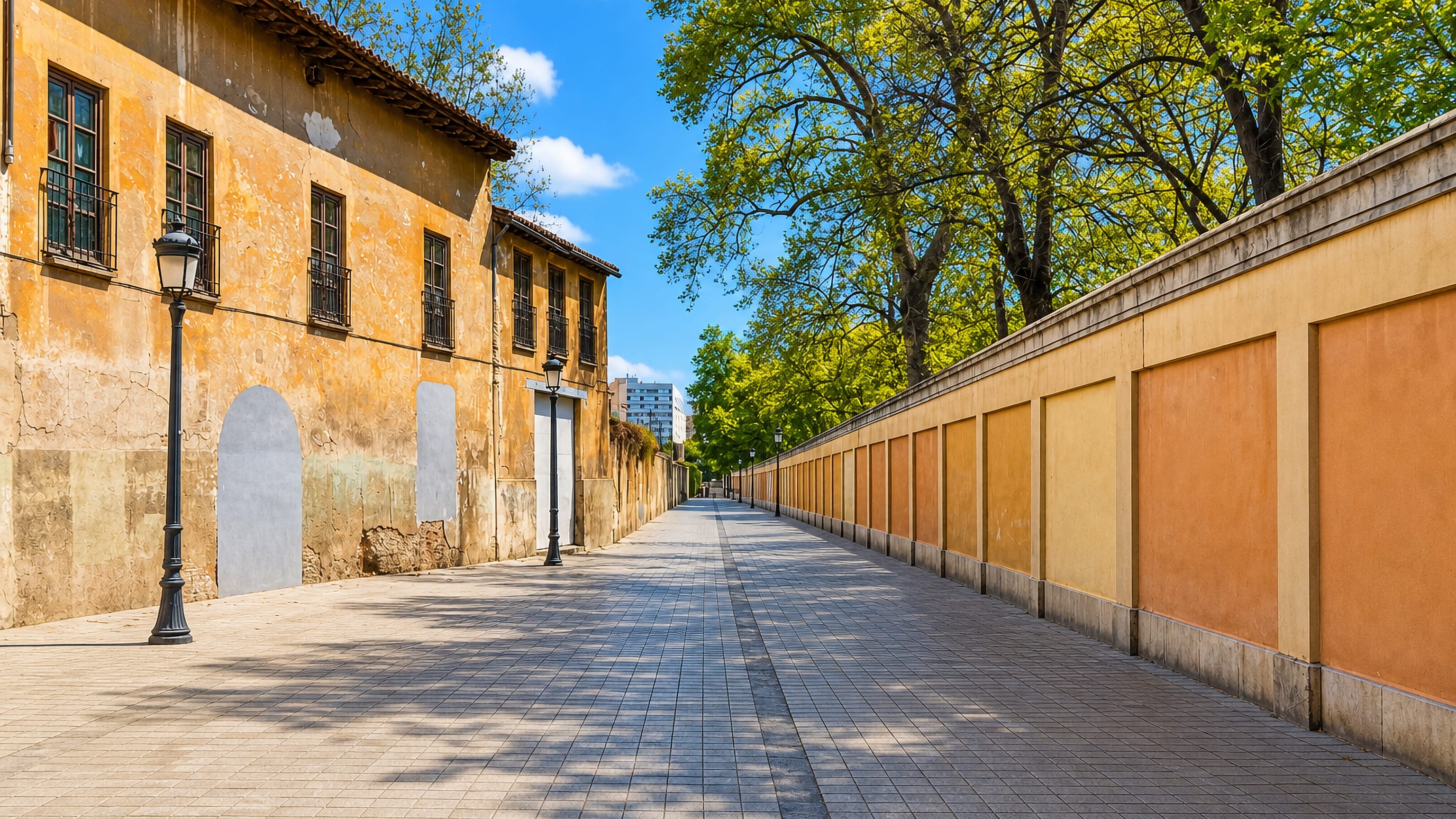 Ochre garden wall and tall trees line the shaded promenade by the botanical garden in El Botanic, Valencia.