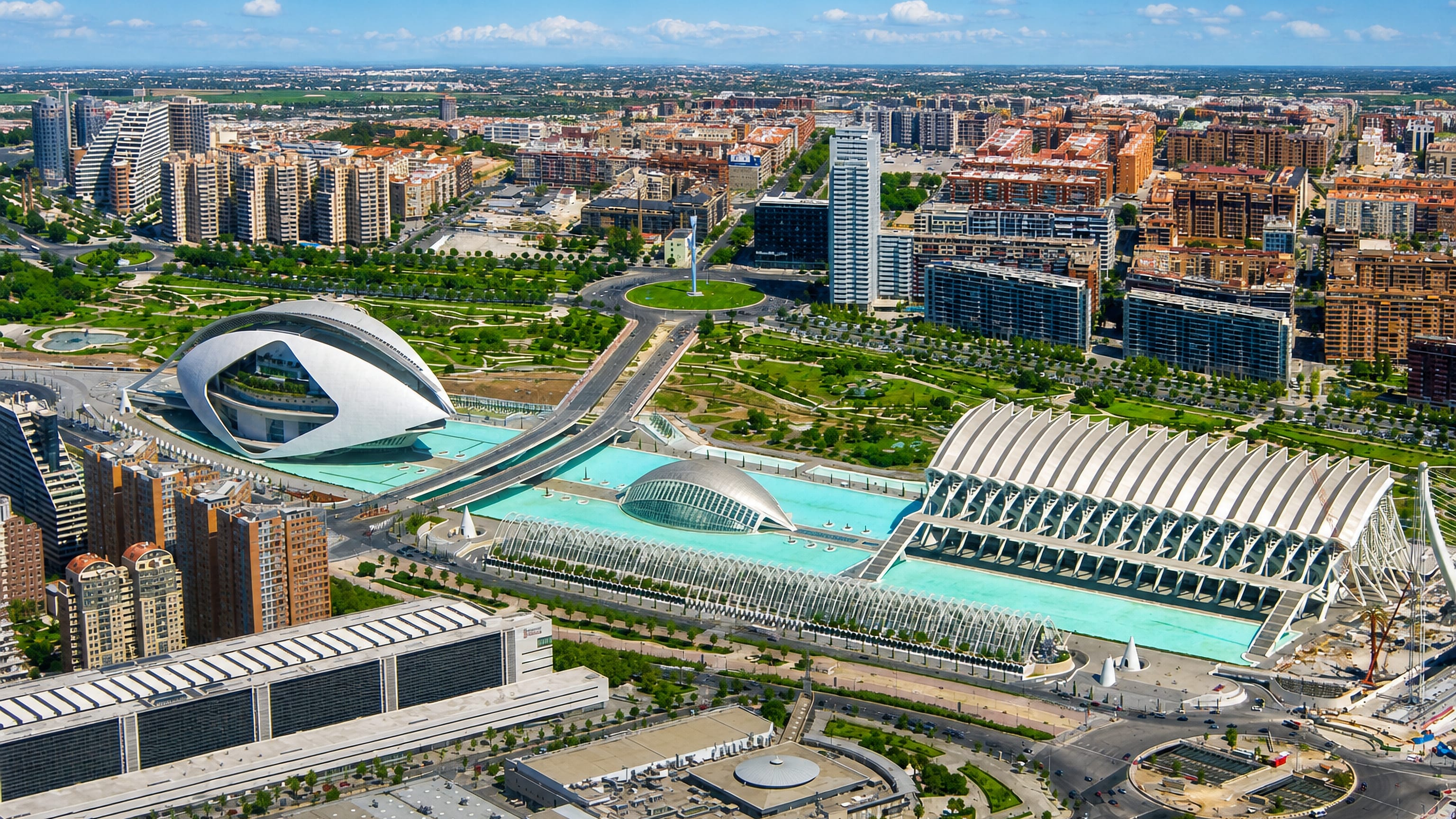 Valencia's City of Arts and Sciences from the air, with L'Hemisferic, the Umbracle and turquoise pools.