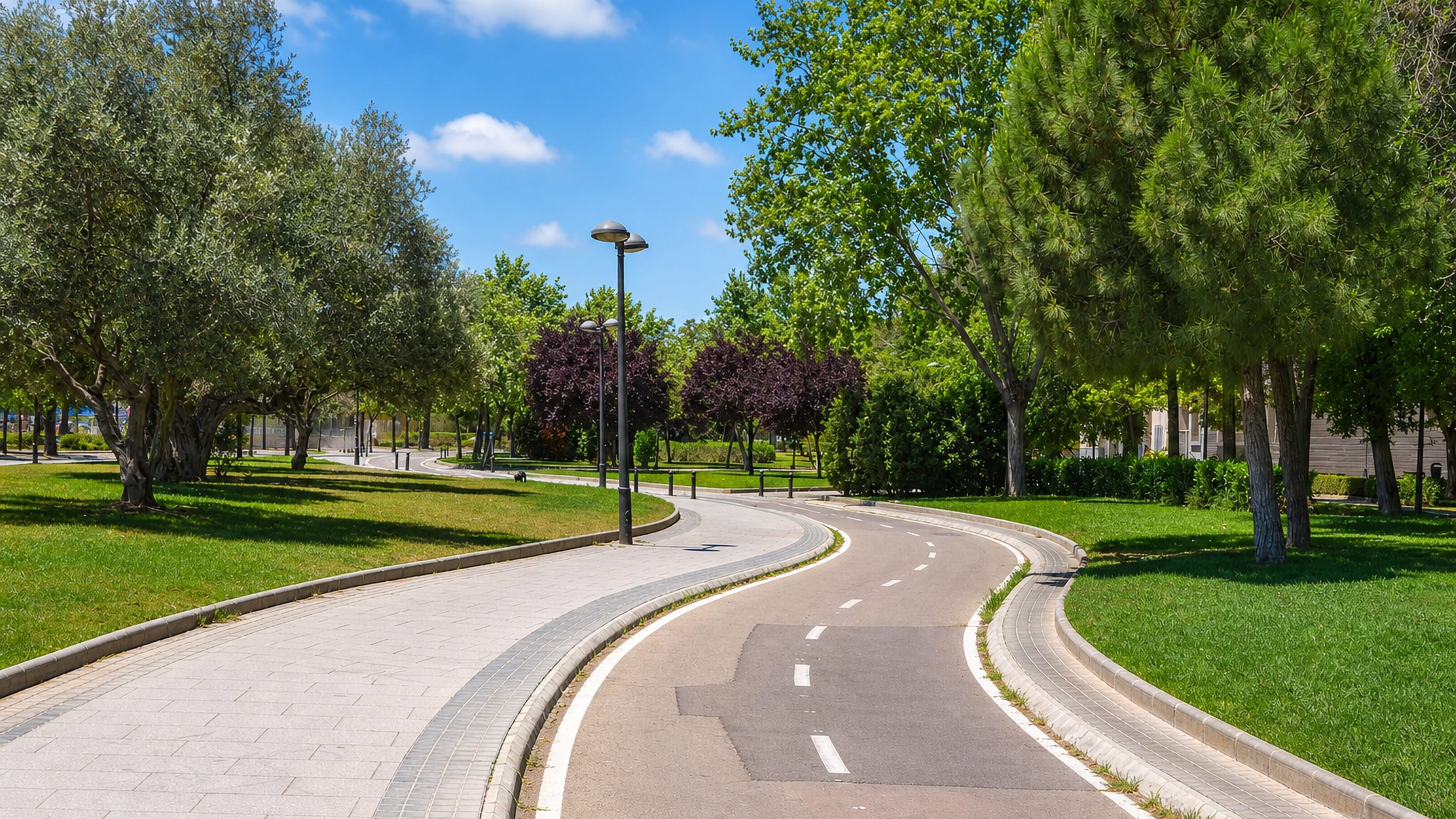 Tree-lined avenue with cycle path and lawns in L'Hort de Senabre, Valencia.