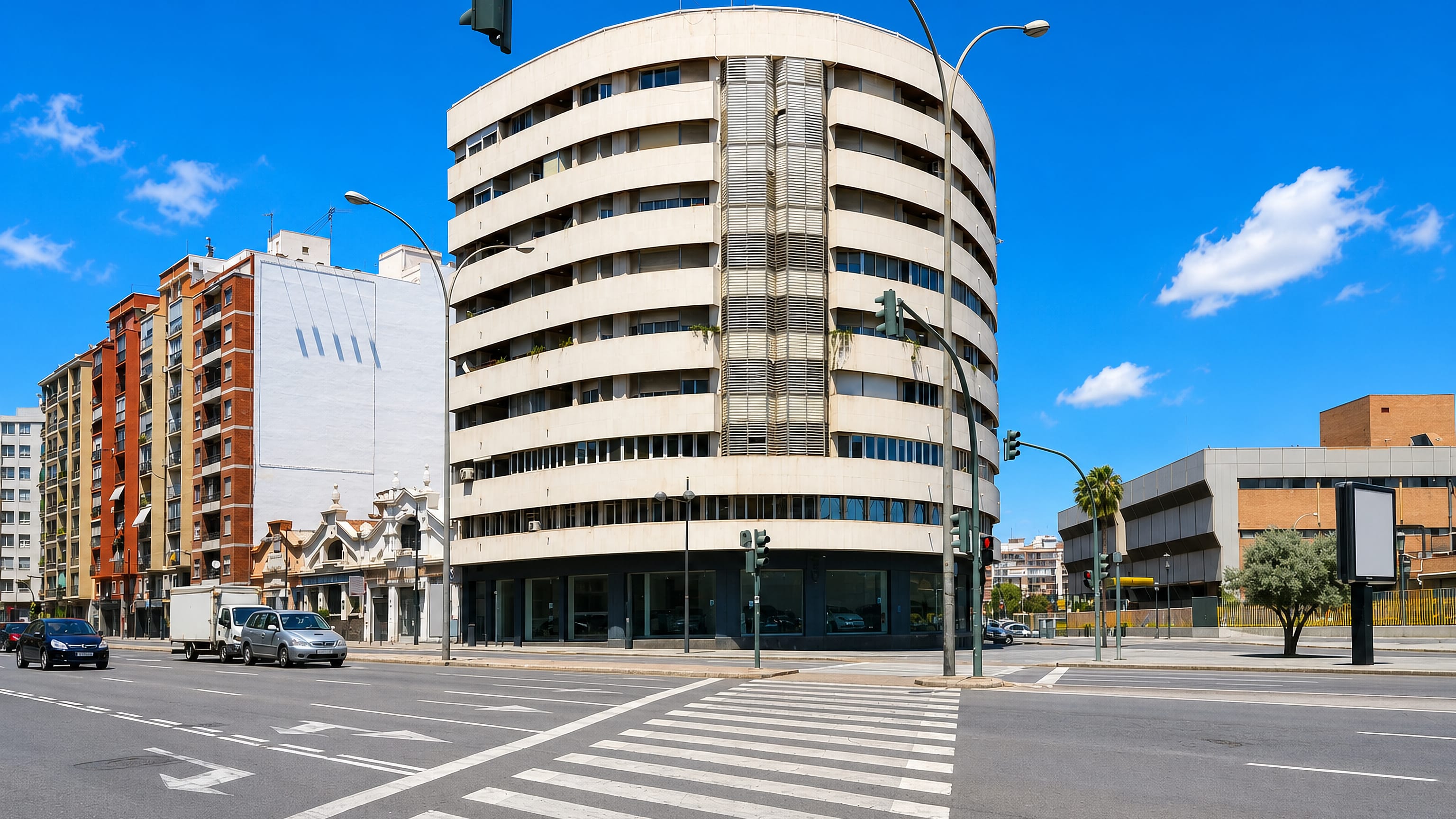 Curved white 1960s apartment block at a wide crossroads in the La Raiosa neighbourhood of Valencia.