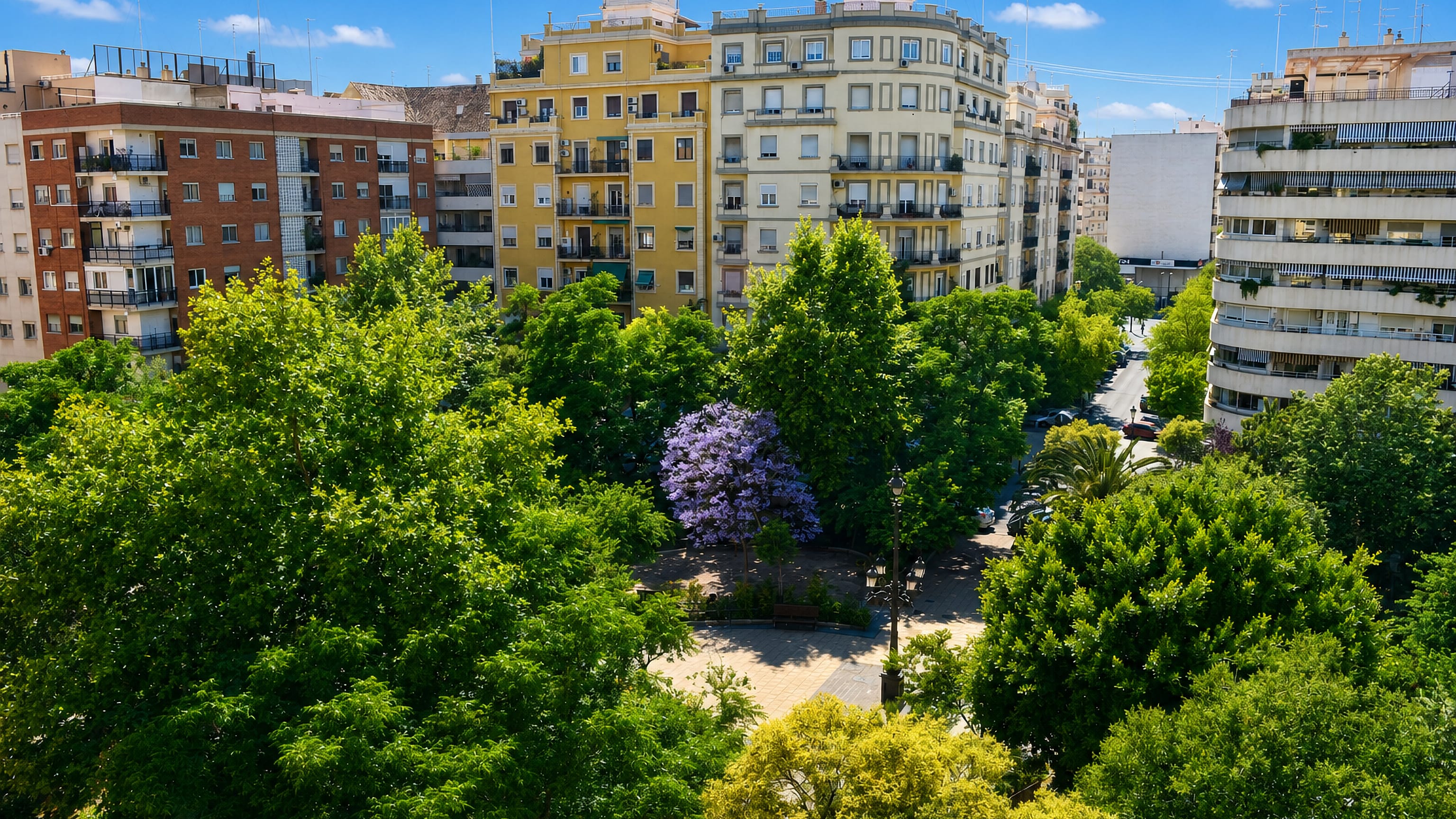 Tree-lined plaza with a flowering jacaranda between mid-century apartment blocks in La Vega Baixa, Valencia.