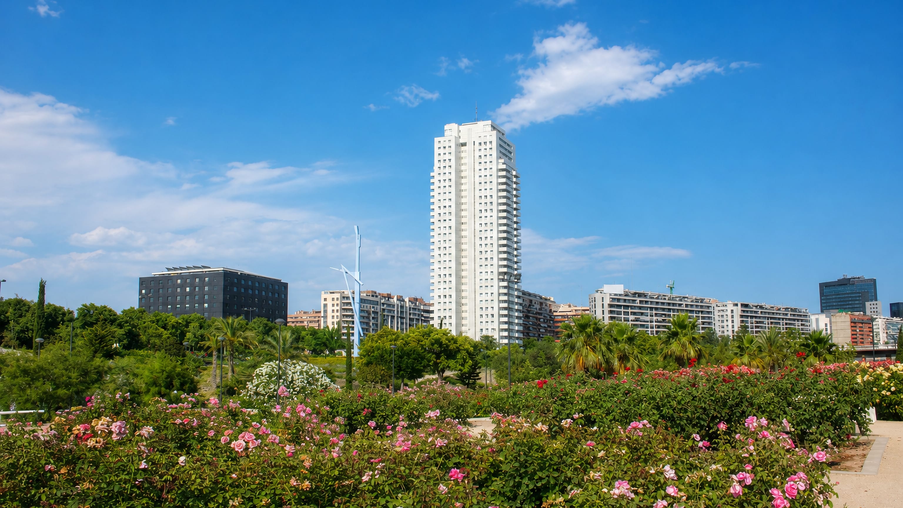 Rose beds in bloom below the white high-rise towers of Penya-Roja in eastern Valencia.