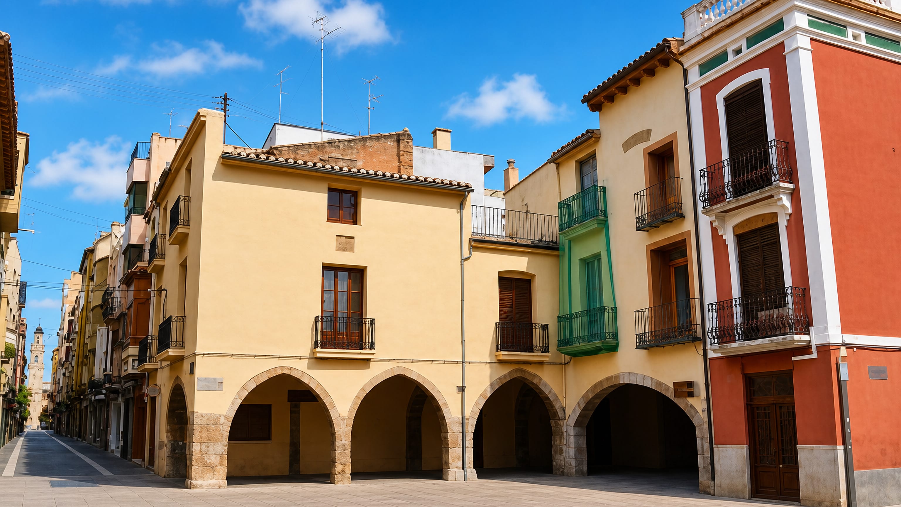 Arcaded stone porches on Vila-real's main square, with the octagonal El Campanar bell tower closing the street.