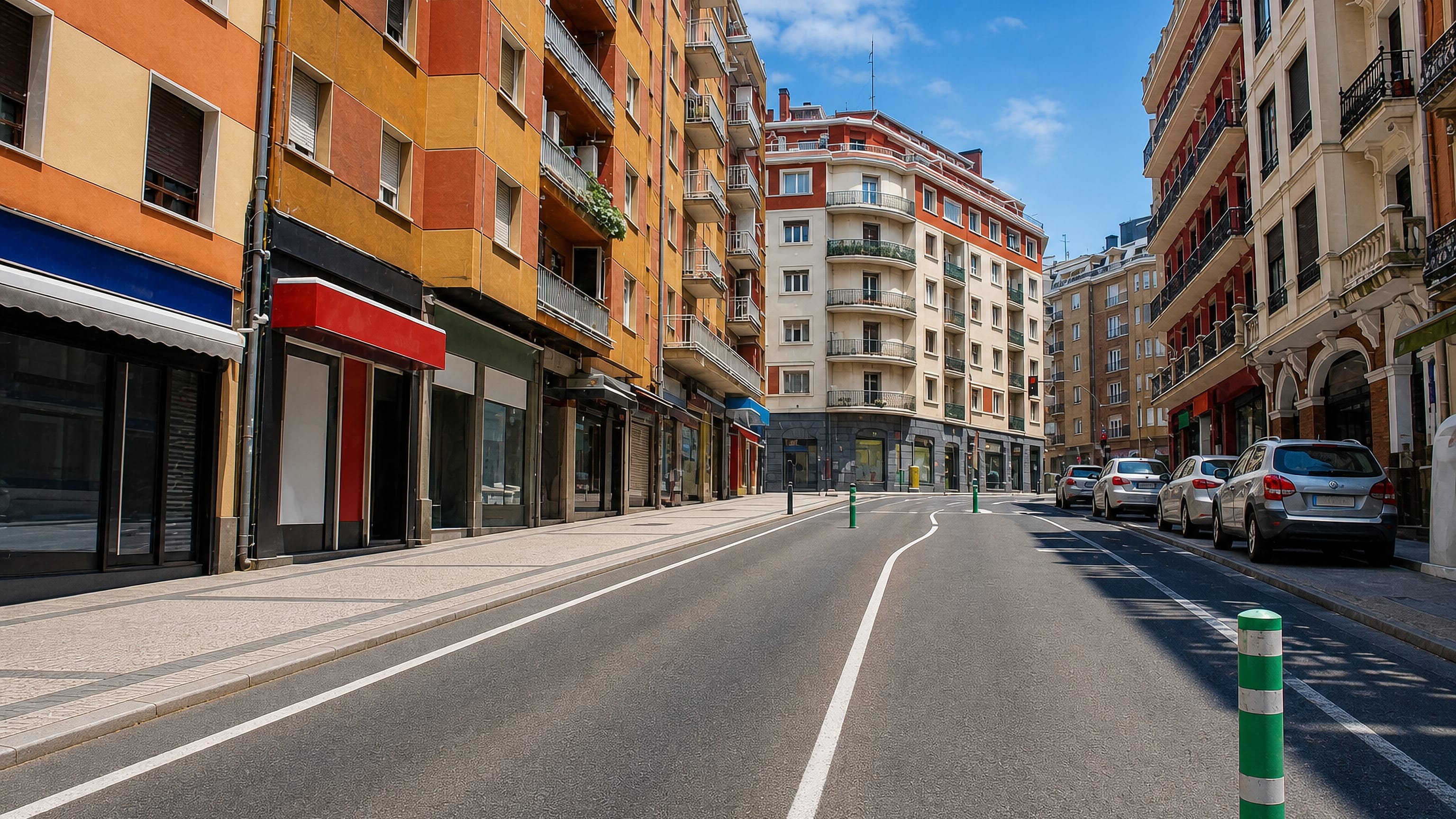Colourful balconied apartment blocks line a wide empty street in Egia, Donostia-San Sebastián.