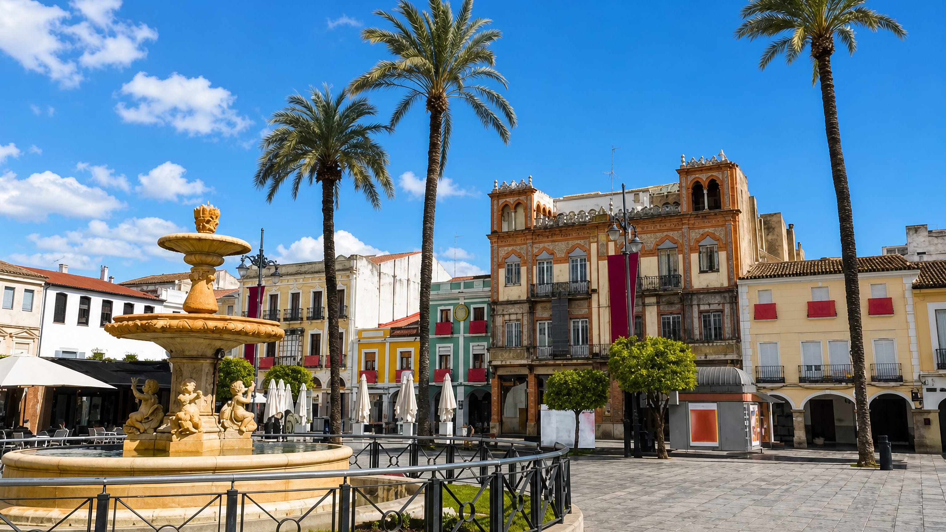 Palm trees and the tiered stone fountain on Plaza de Espana in Merida, Spain