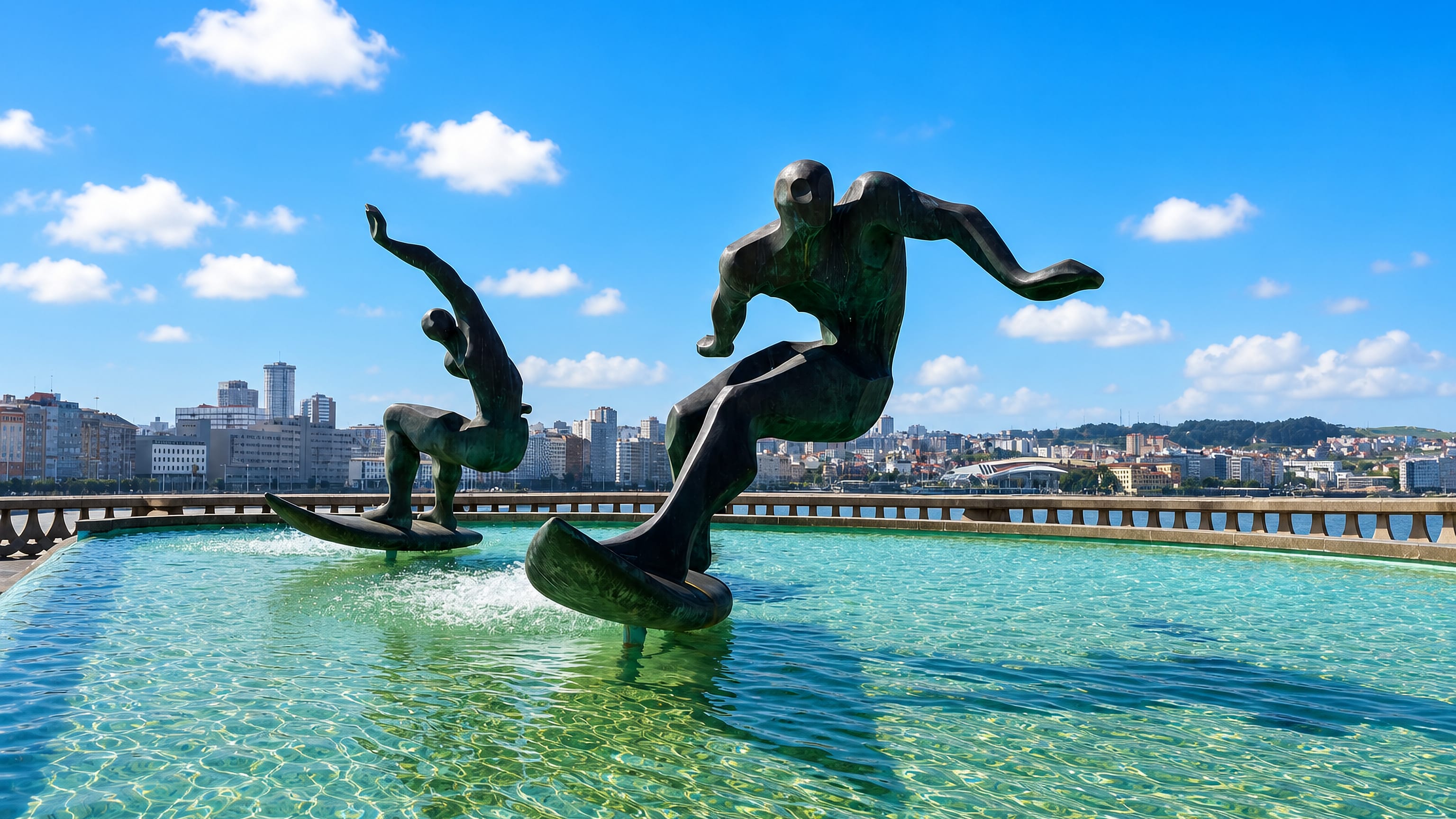 Bronze surfer sculptures in a seafront pool on the Paseo Maritimo in A Coruna, with the city skyline behind