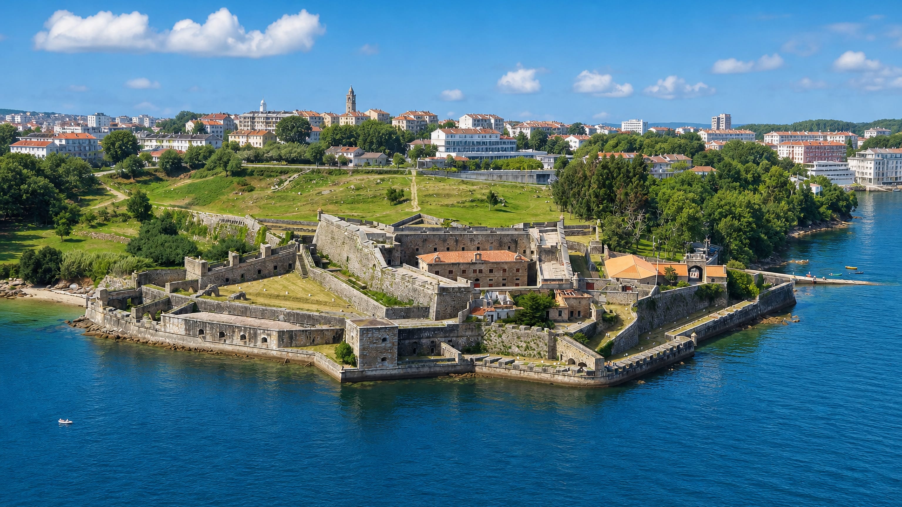 Star-shaped stone fortress on a wooded headland above Ferrol's ria in Galicia, with the town's rooftops beyond.