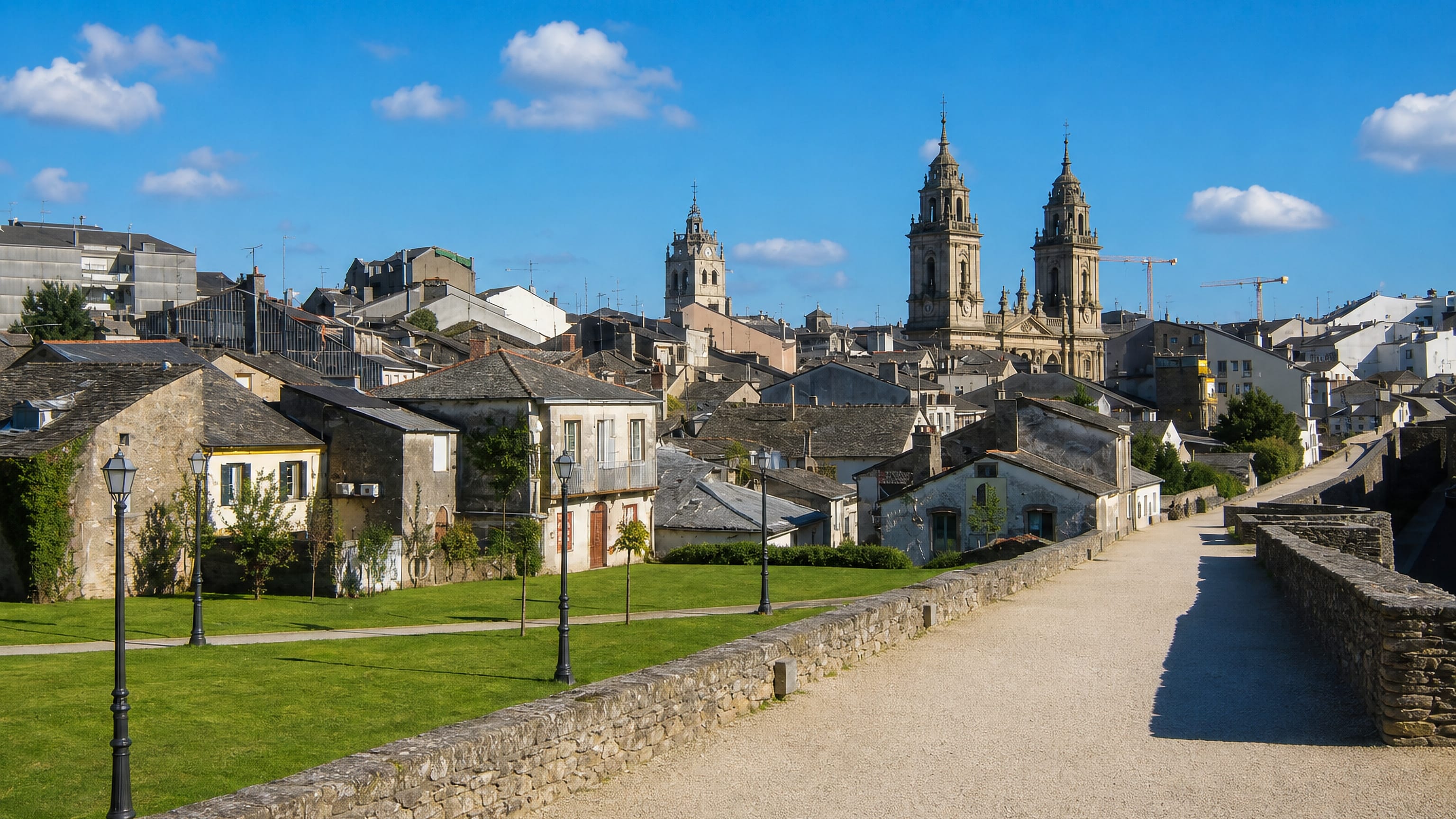 The walkway atop Lugo's Roman wall above slate rooftops and the twin baroque towers of Lugo Cathedral.