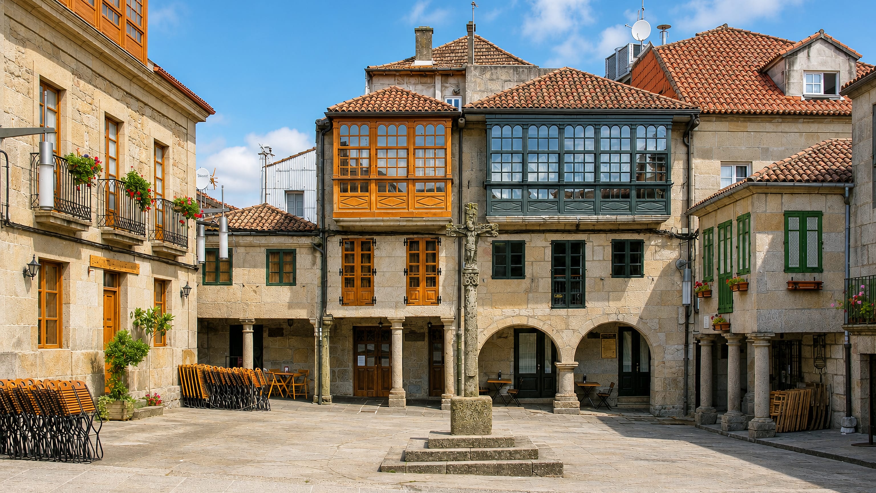 Granite arcades and glassed-in galerías around the stone cross on Praza da Leña in Pontevedra's old town.
